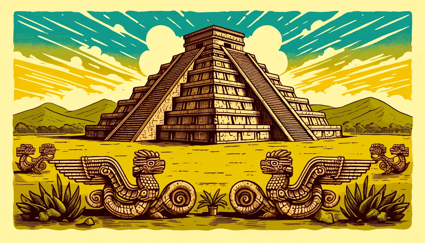 Ilustración del Templo de Quetzalcóatl en Teotihuacán, mostrando la pirámide con esculturas de serpientes emplumadas y un cielo brillante de fondo.