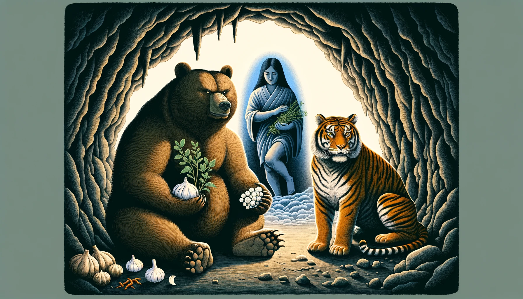 Interior de una cueva donde una osa y un tigre están sentados, con la osa sosteniendo ajo y artemisa.
