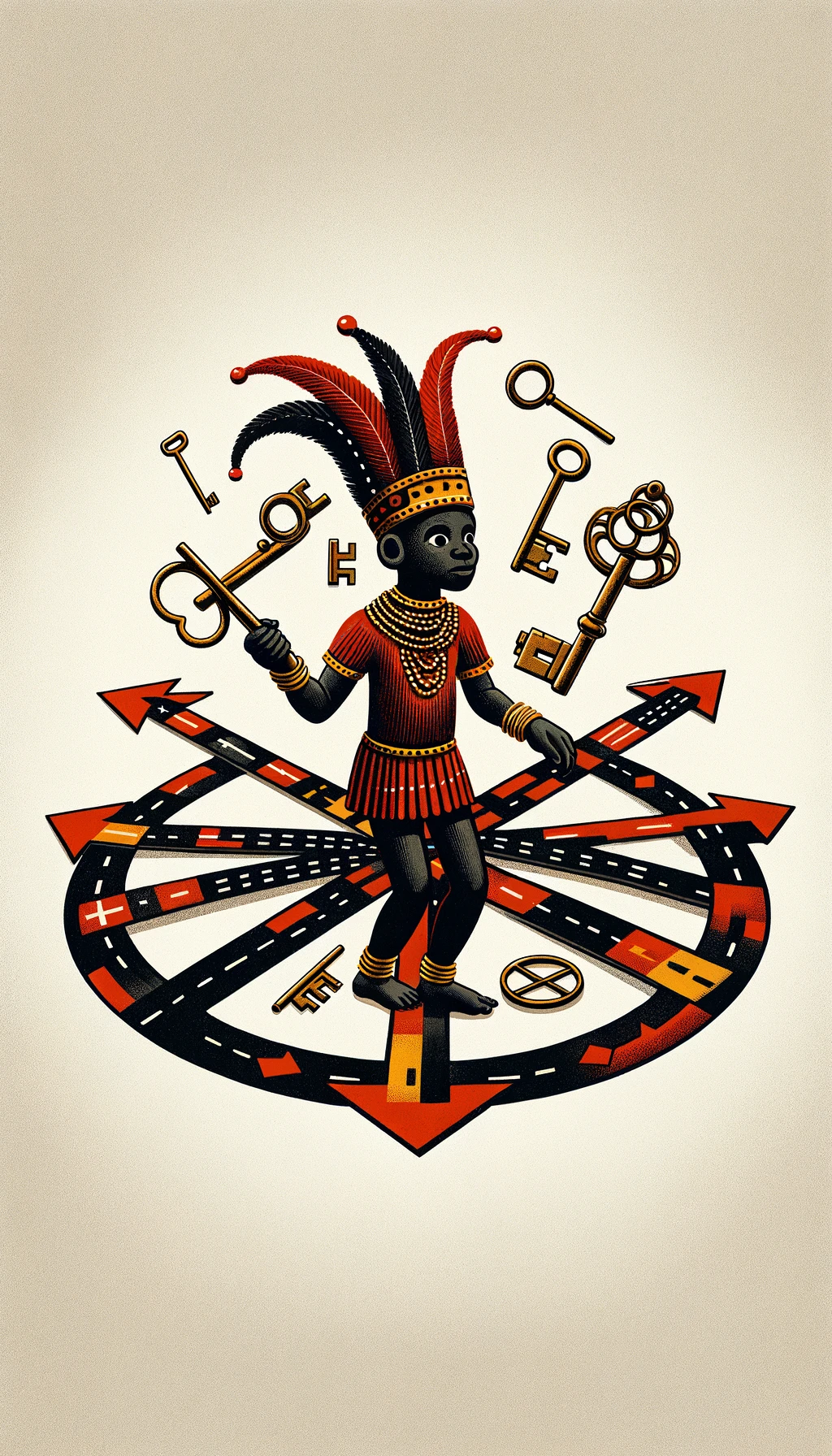 Imagen de Eleguá, deidad de la religión yoruba, con un sombrero rojo y negro, de pie en una encrucijada, rodeado de llaves y caminos, simbolizando su rol como guardián de los caminos y mensajero de los Orishas.