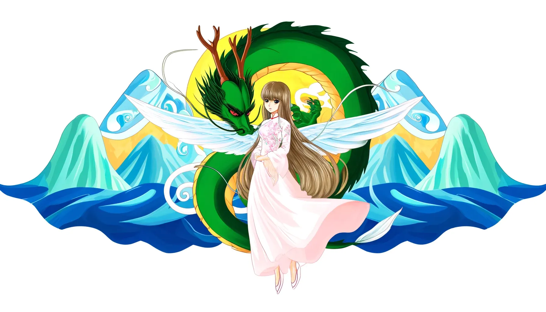 Ilustración estilo anime de Lạc Long Quân y Âu Cơ juntos, con Lạc Long Quân en forma de dragón protegiendo a Âu Cơ, que se muestra con alas delicadas y un entorno que mezcla olas oceánicas y picos montañosos.