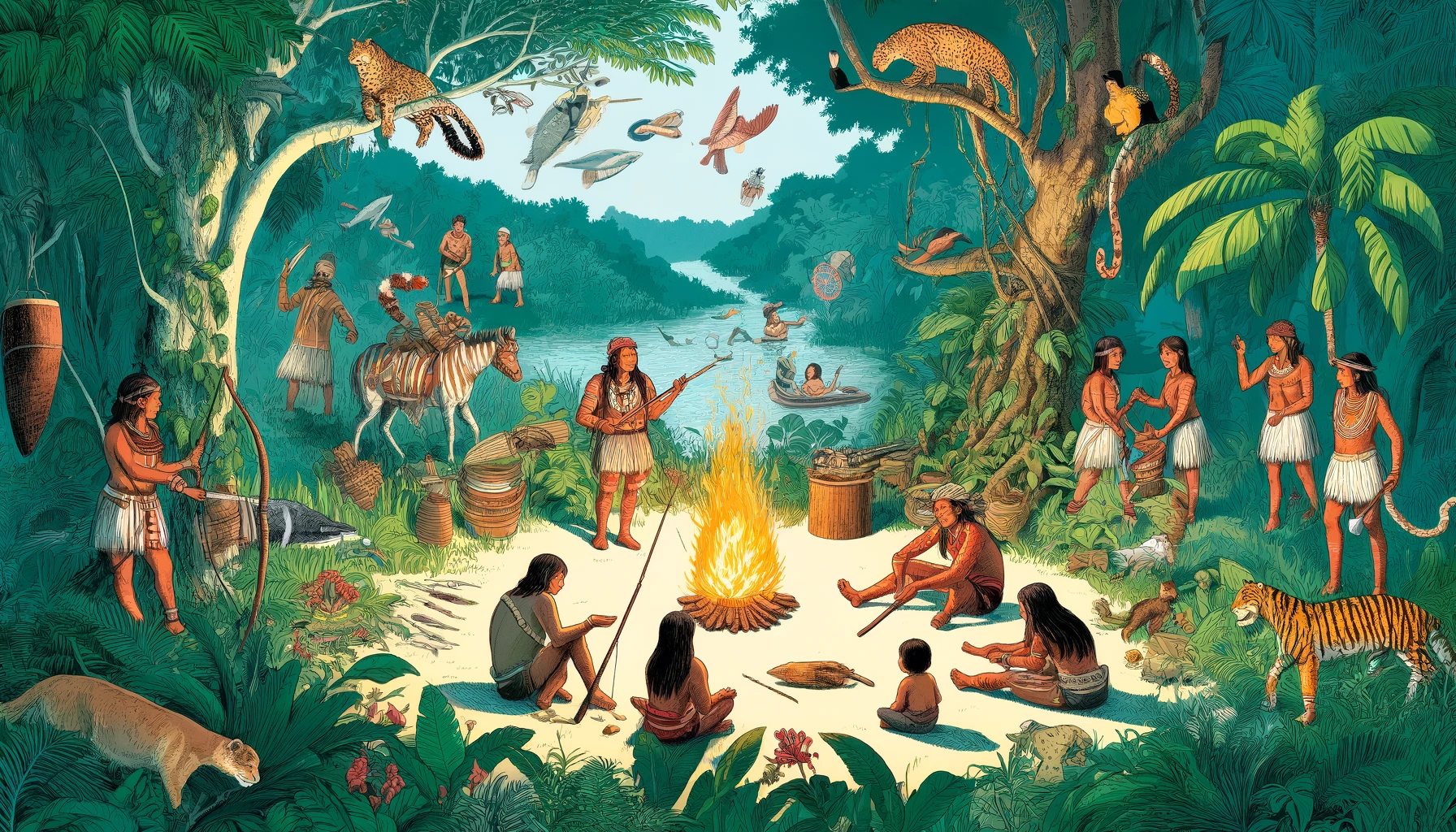 Ilustración de los guaraníes en su entorno natural, pescando, cultivando y contando historias en un bosque exuberante con plantas y animales.