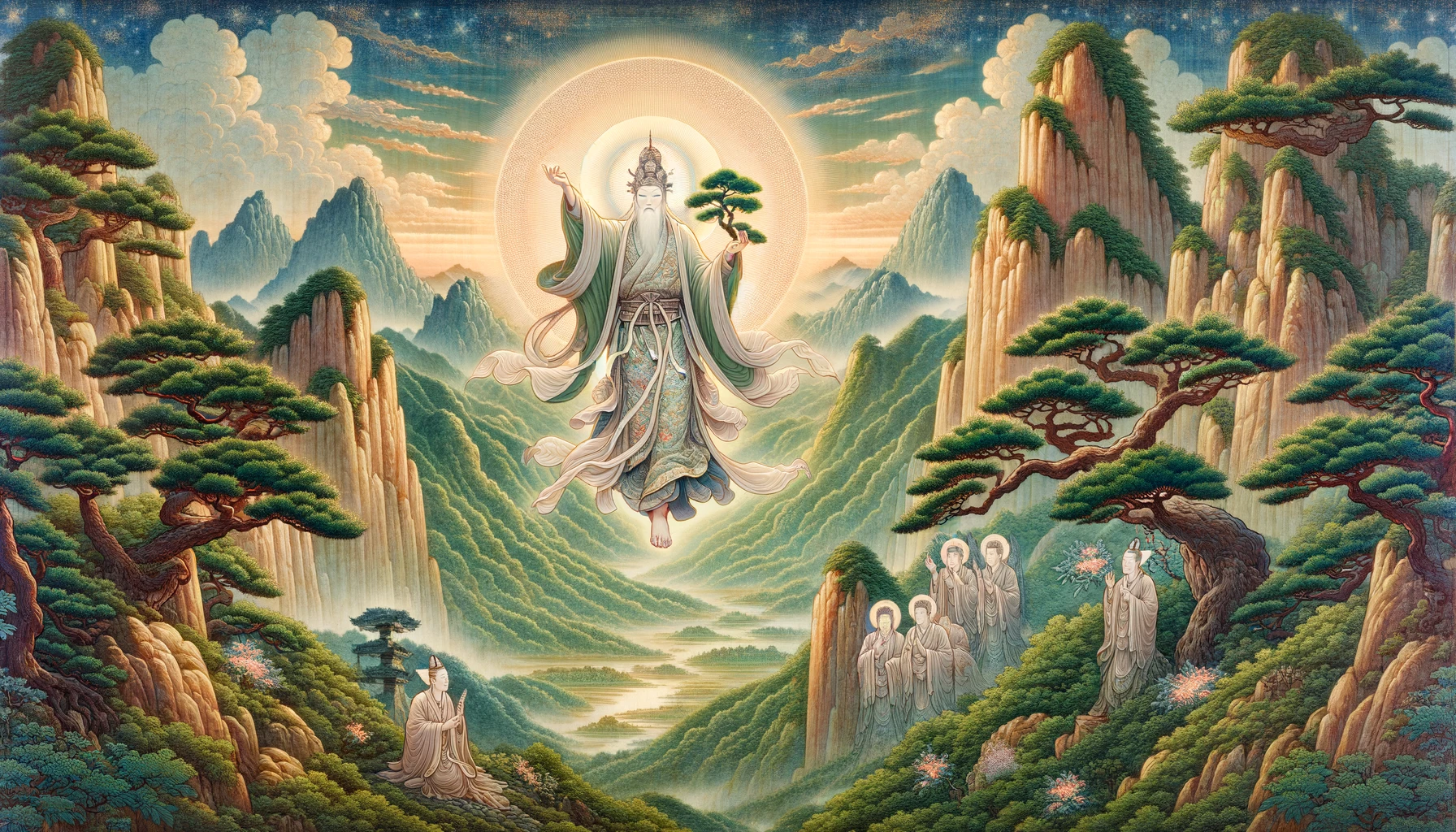Hwanung, una figura divina, descendiendo del cielo al Monte Taebaek rodeado de un paisaje montañoso coreano.