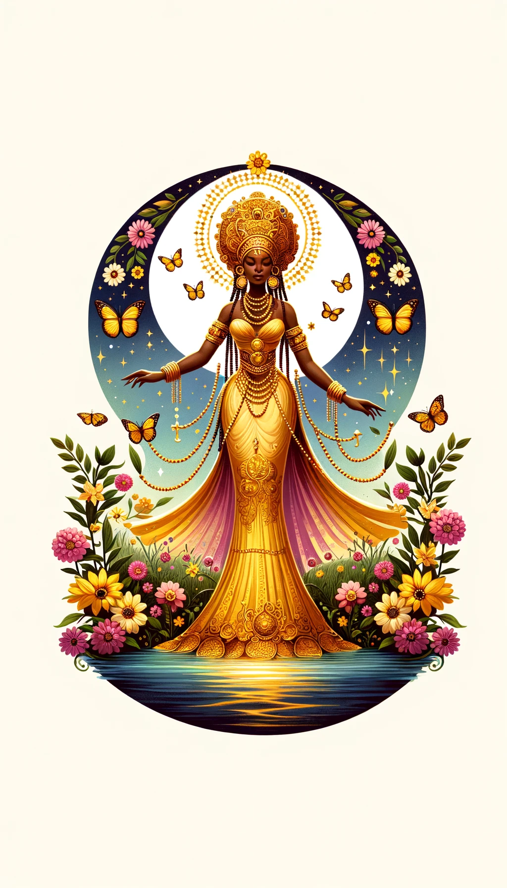 Representación de Oshun, Orisha de la religión yoruba, con vestimentas amarillas y doradas, de pie junto a un río, rodeada de flores y mariposas, simbolizando su conexión con la naturaleza, la belleza y el amor.