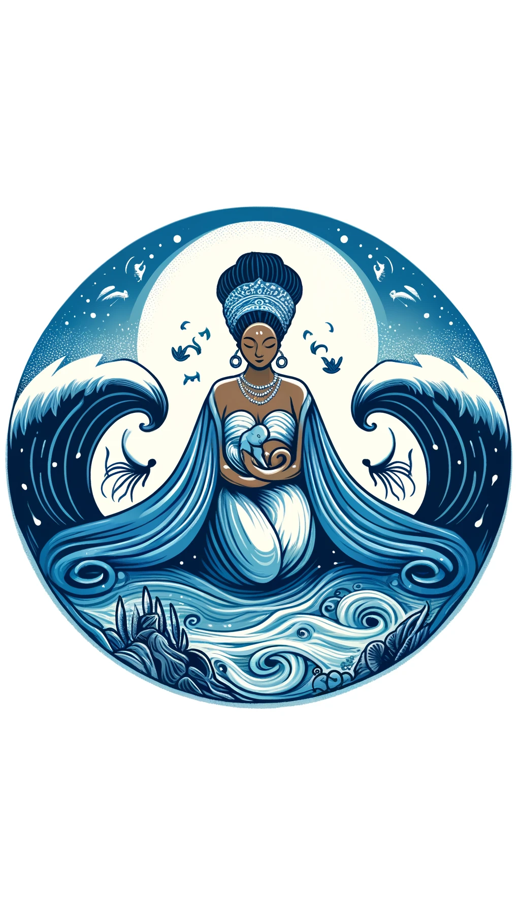 Ilustración de Yemayá, una deidad yoruba, con ropajes azules, de pie junto al mar, rodeada de olas y criaturas marinas, simbolizando su conexión con el océano y su naturaleza protectora.