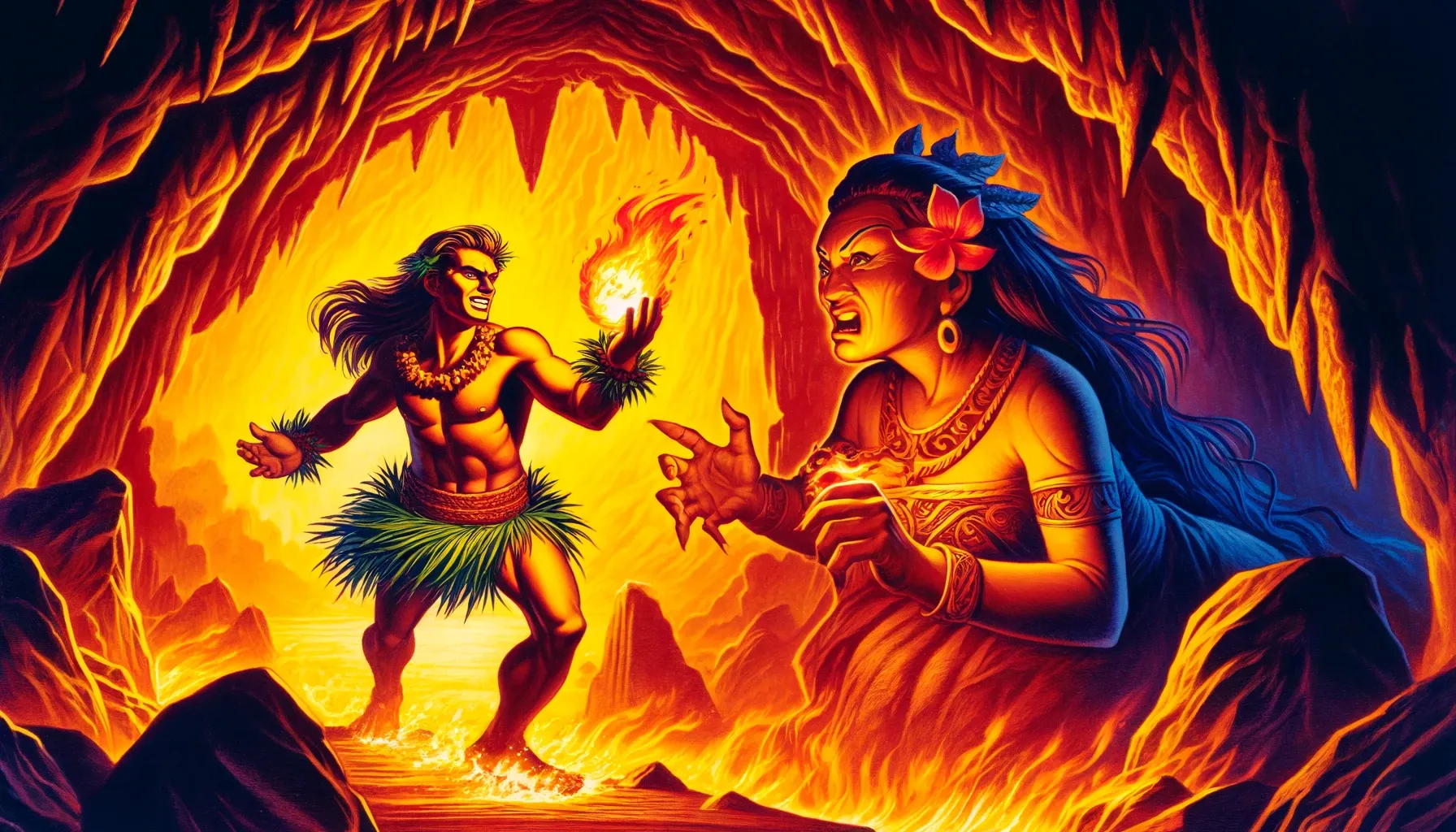 Maui, el semidiós polinesio, sostiene una llama en su mano mientras Mahuika, la diosa del fuego, lo mira furiosa en una cueva ardiente.