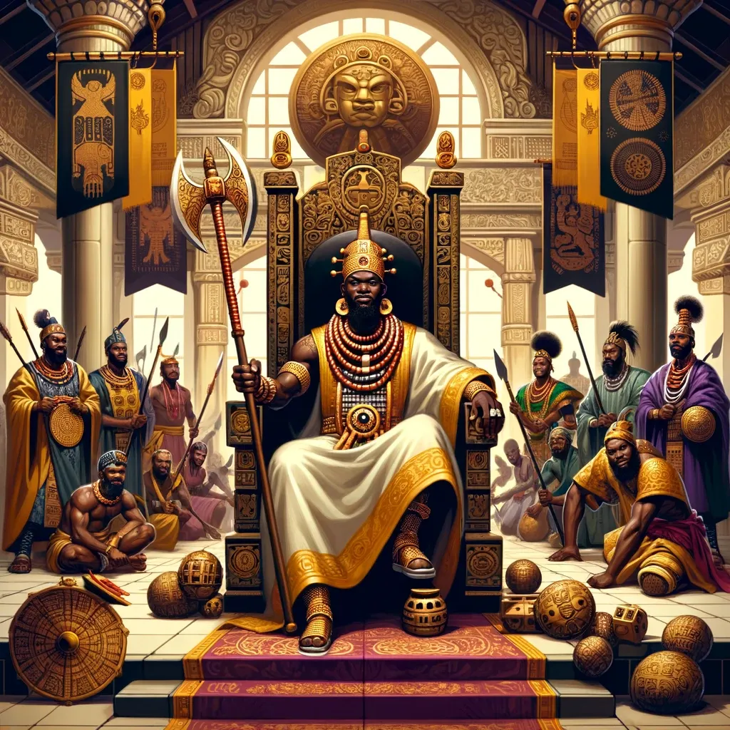 Shango el dios yoruba ascendiendo al trono de Oyo, rodeado de guerreros y nobles.