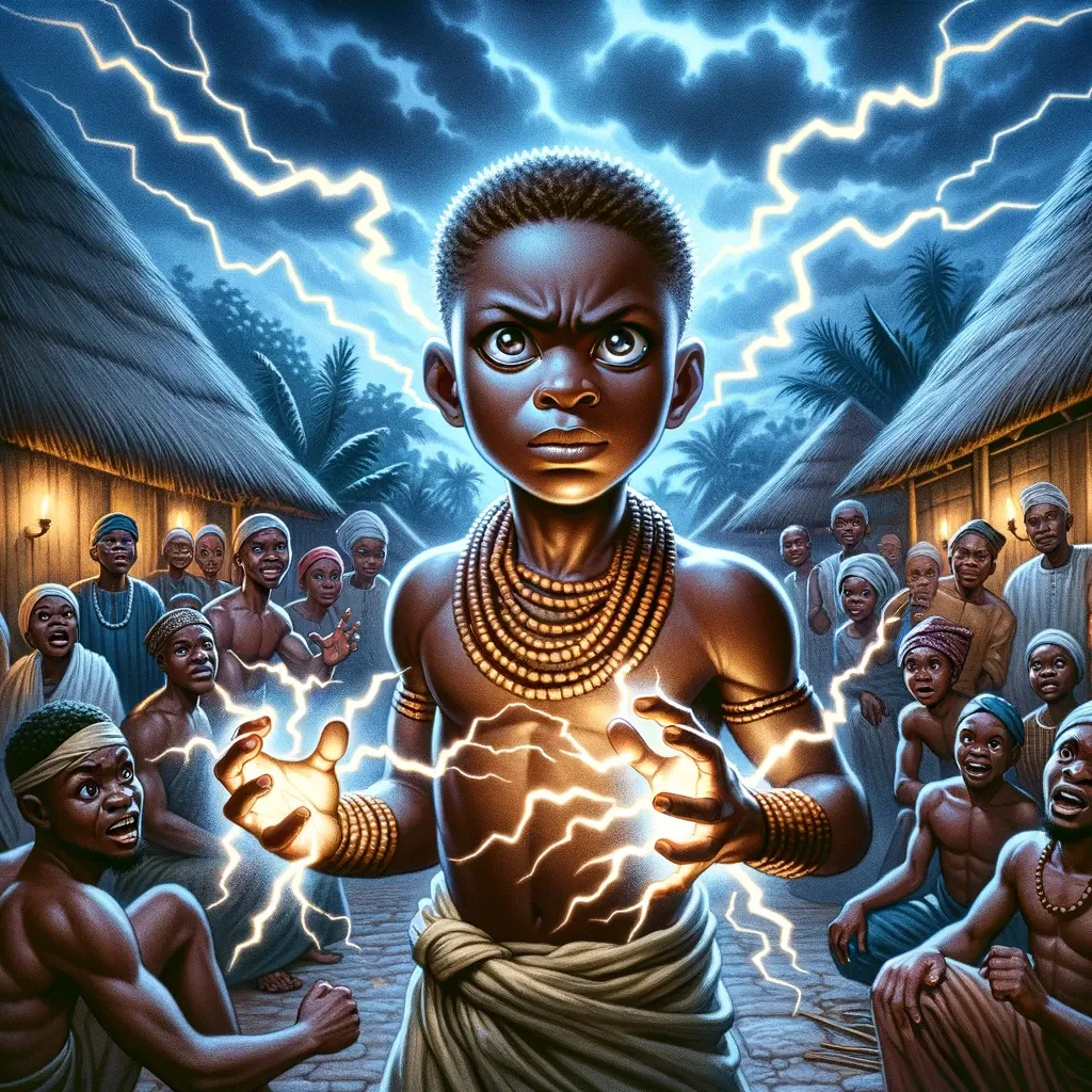 La imagen muestra al joven Shango en un entorno de aldea tradicional yoruba, con pequeños rayos emanando de sus manos y el cielo lleno de nubes oscuras y relámpagos.