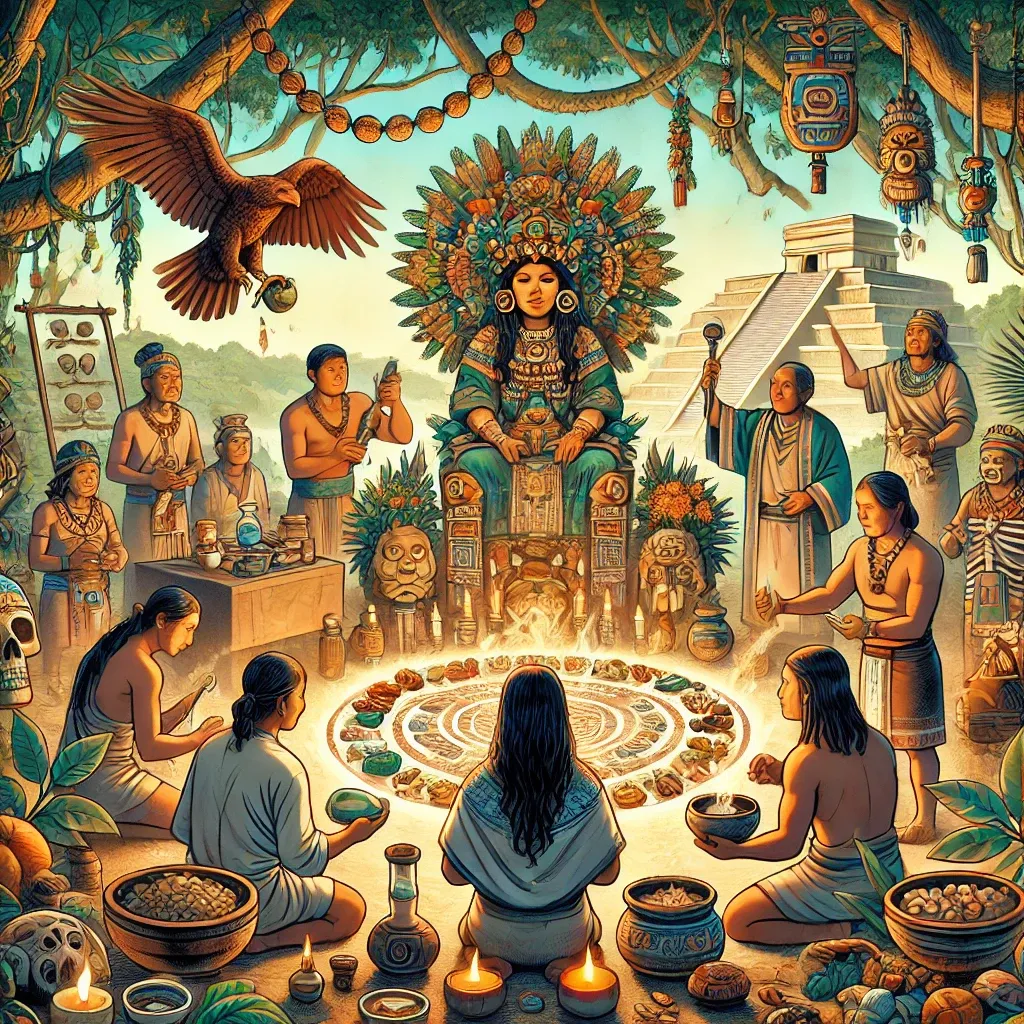 Ilustración de curanderos mayas realizando rituales medicinales, con Ix Chel supervisando, simbolizando su papel como diosa de la medicina.