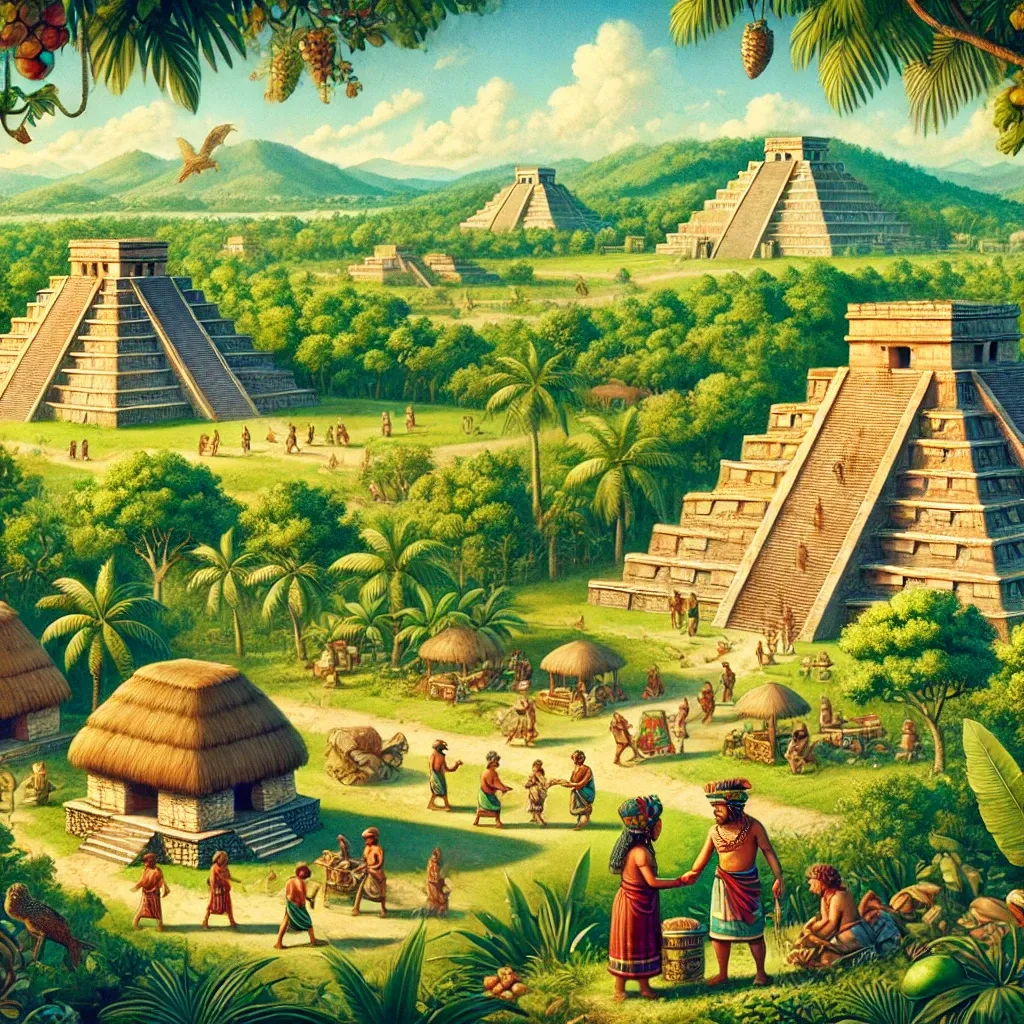 Ilustración de la civilización maya con pirámides, templos y personas realizando actividades cotidianas en un entorno verde y vibrante.