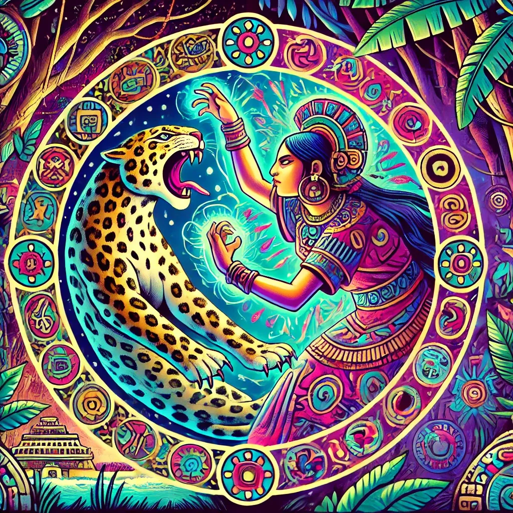 Ilustración de Ix Chel transformándose en un jaguar, rodeada de elementos místicos, simbolizando su versatilidad en la mitología maya.