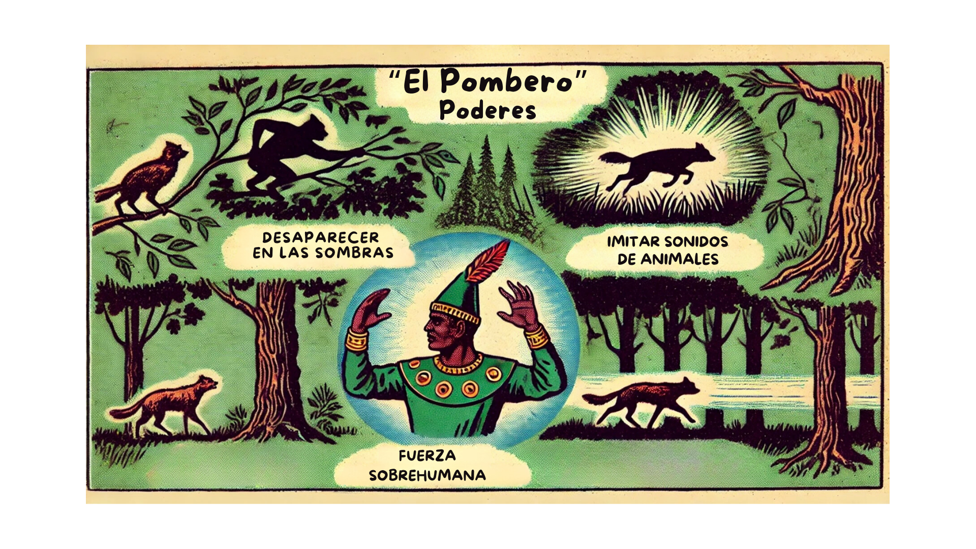 Ilustración del Pombero utilizando sus poderes en un bosque, desapareciendo en las sombras e imitando sonidos de animales.