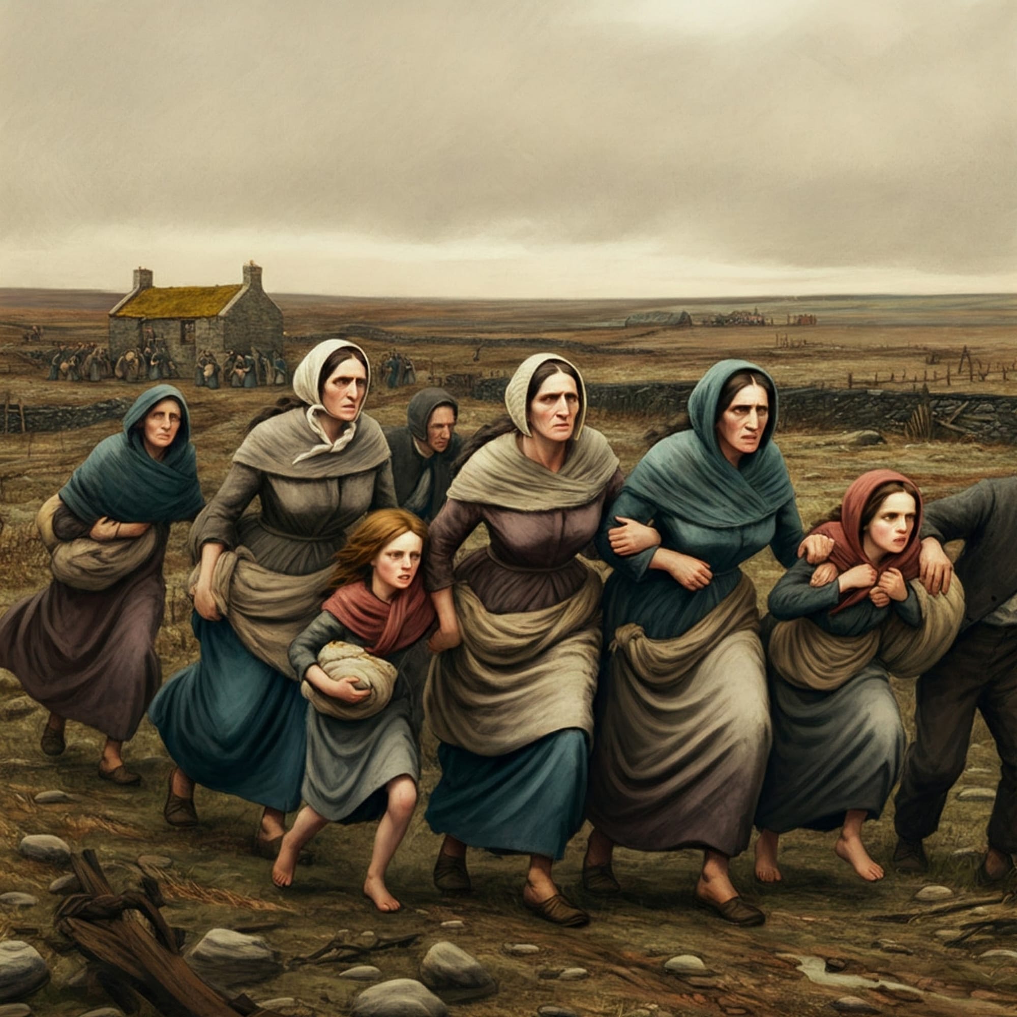 Una pintura histórica que retrata la Gran Hambruna de Irlanda, con mujeres y niños huyendo de una ciudad de chabolas en medio de un paisaje árido