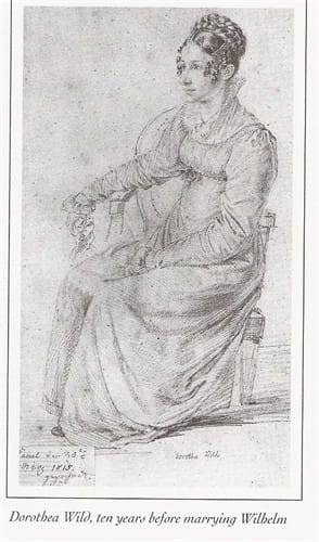 Dibujo de Dorothea "Dortchen" Wild, una joven sentada con un vestido de época, conocida por su contribución al legado de los cuentos de los Hermanos Grimm.