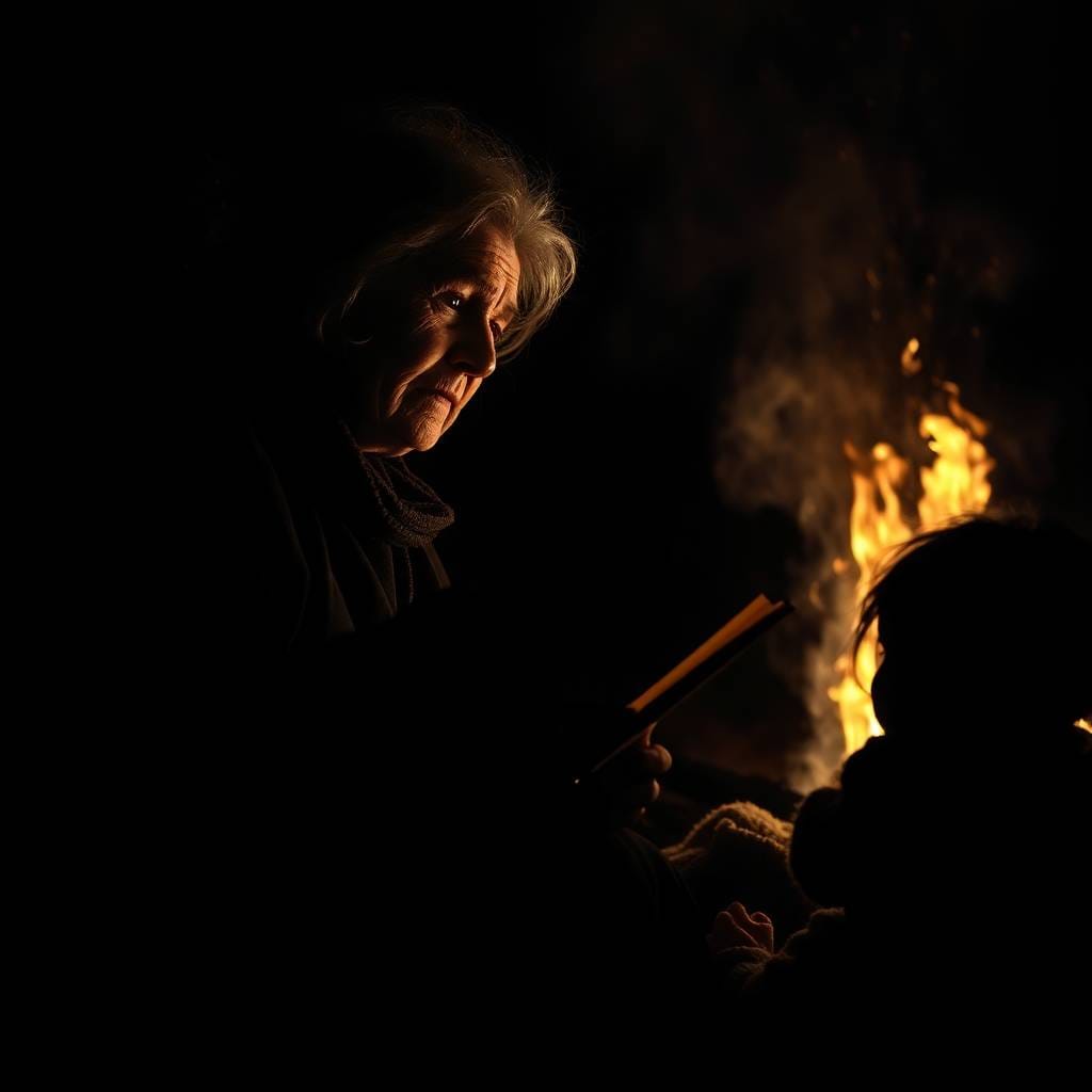 Una anciana narrando una historia a un niño cerca de una hoguera, con sombras dramáticas que resaltan su rostro y el ambiente tradicional.