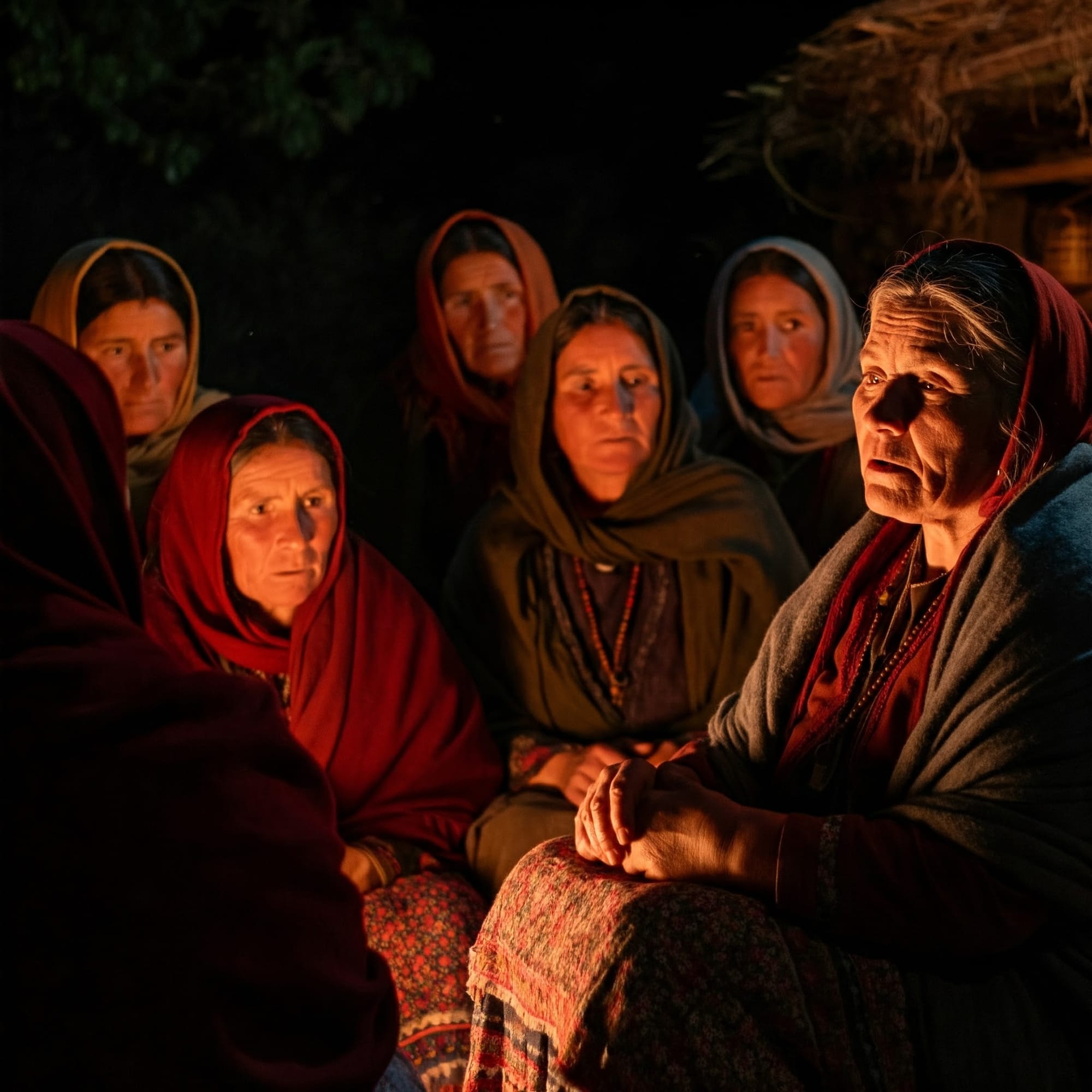 Un grupo de mujeres sentadas cerca de un fuego en la noche, narrando cuentos tradicionales, representando el valor de recuperar las voces femeninas en la historia del folclore.