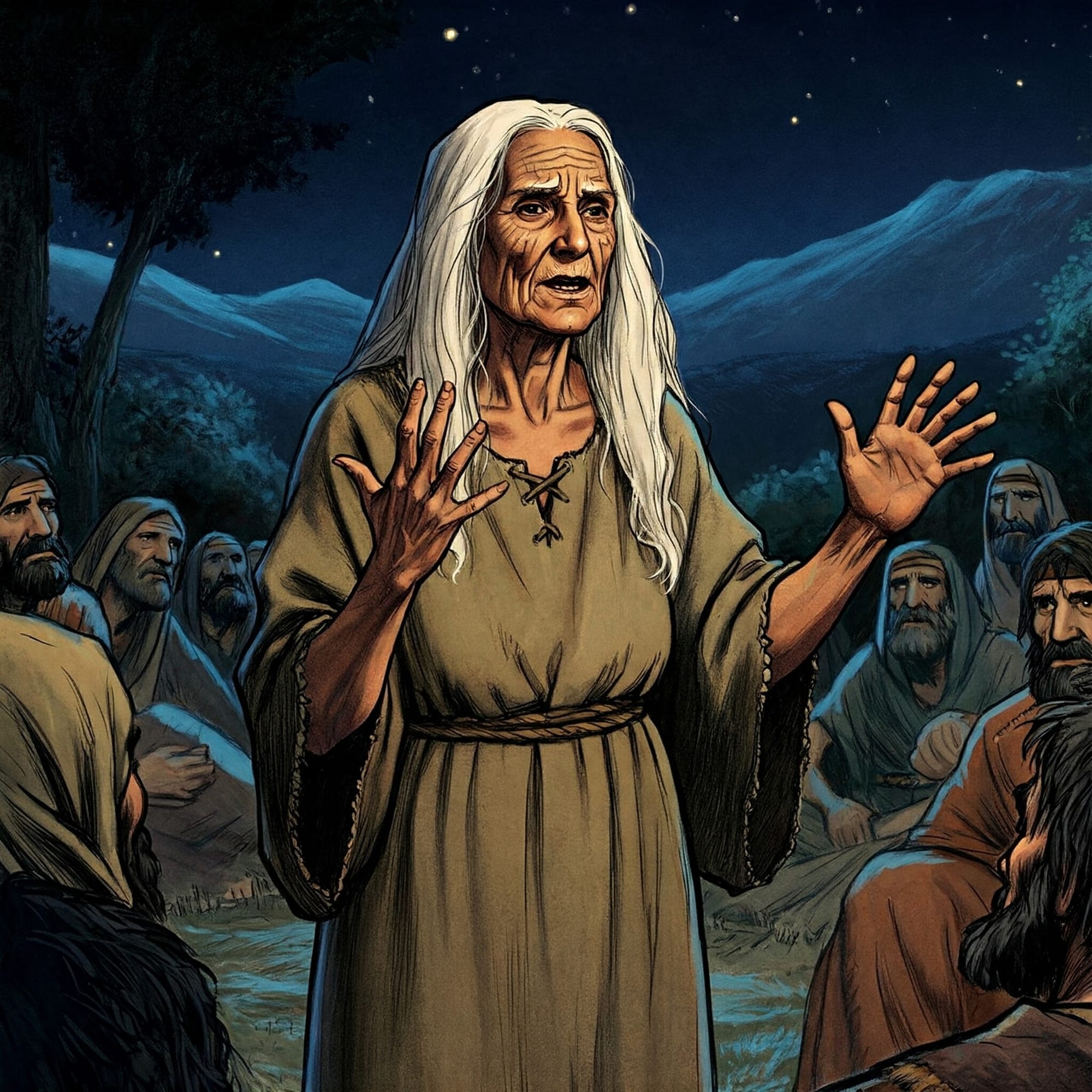 Ilustración de una mujer anciana narrando cuentos a un grupo de aldeanos bajo un cielo estrellado, representando el legado de la tradición oral femenina en las comunidades antiguas.