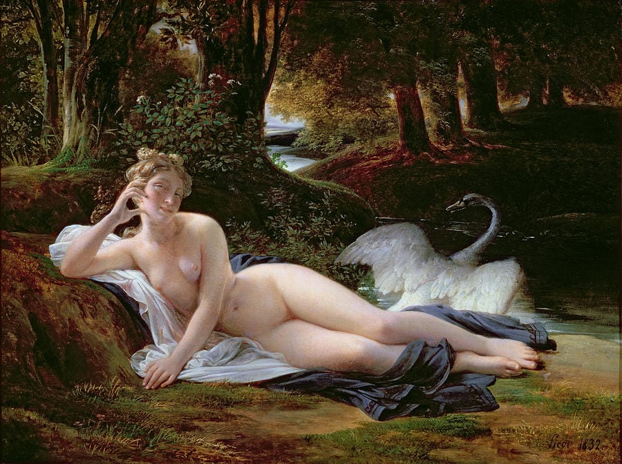 Pintura de François-Édouard Picot titulada "Leda y el cisne" (1832). Muestra a Leda reclinada junto a un cisne blanco, representación de Zeus, en un entorno natural.