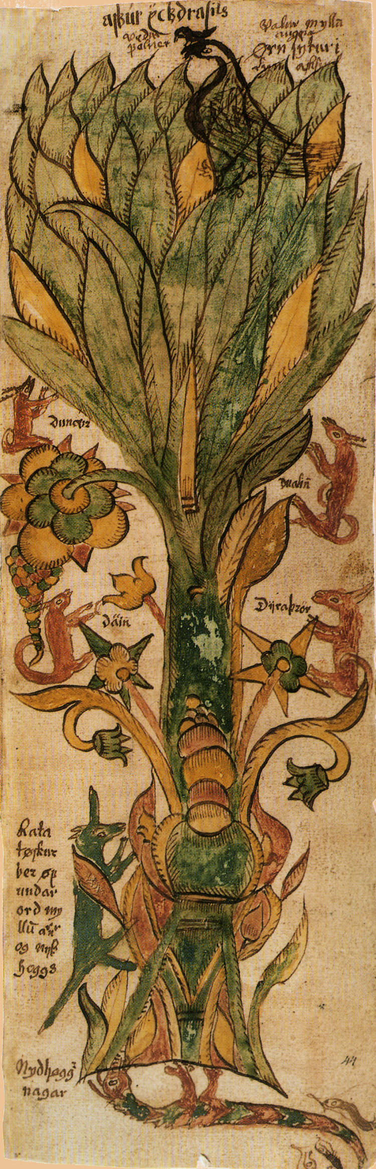 Ilustración del Yggdrasil en un manuscrito islandés del siglo XVII. El árbol cósmico conecta los nueve mundos, reflejando el equilibrio y la conexión universal según la mitología nórdica.