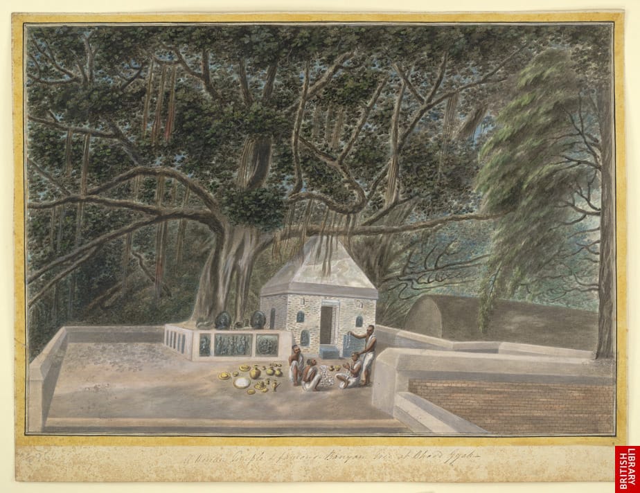 Pintura de un templo budista junto a un árbol Bodhi alrededor de 1810. El árbol Bodhi es venerado como símbolo de iluminación espiritual en la tradición budista.