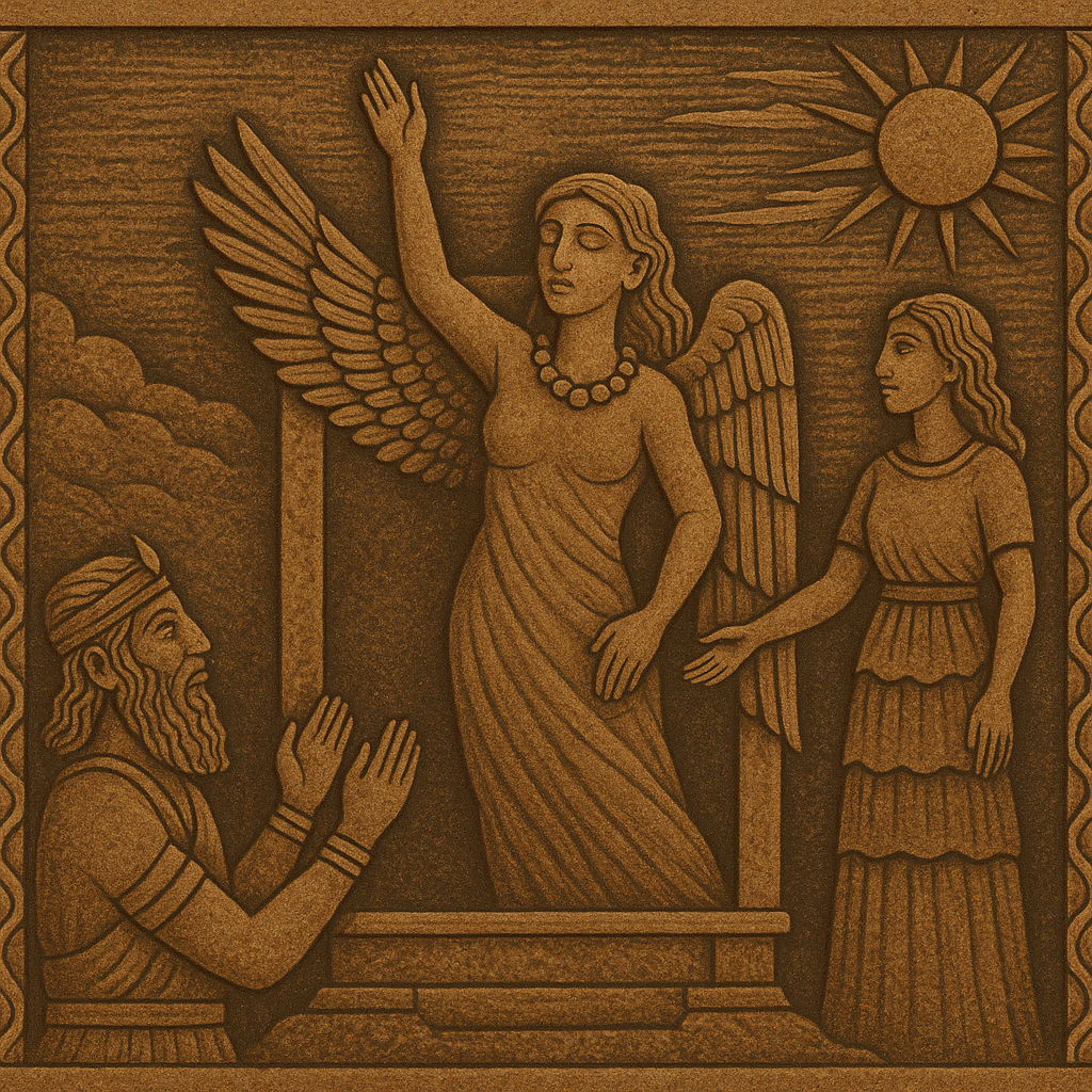 Relieve digital en estilo mesopotámico que representa a Inanna alzándose del inframundo, con alas y rodeada de figuras humanas y un sol naciente, símbolo de su resurrección y retorno al mundo superior.