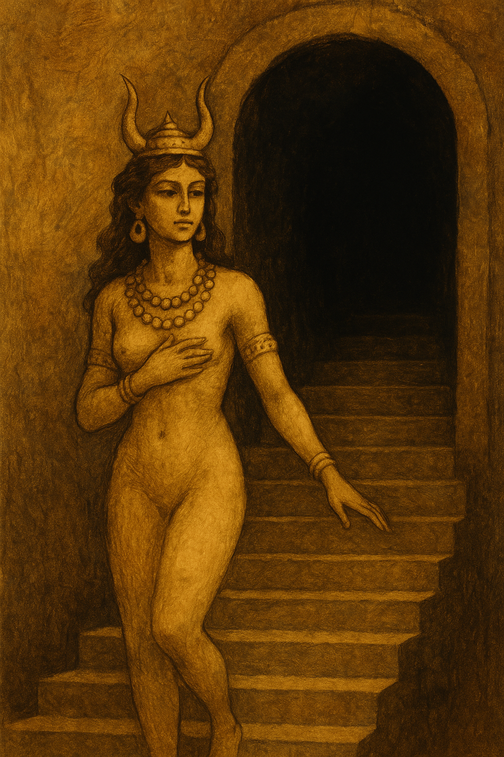 Ilustración en estilo mesopotámico de Inanna descendiendo por una escalera hacia una puerta oscura, con joyas doradas y expresión solemne, representando el inicio de su viaje espiritual.