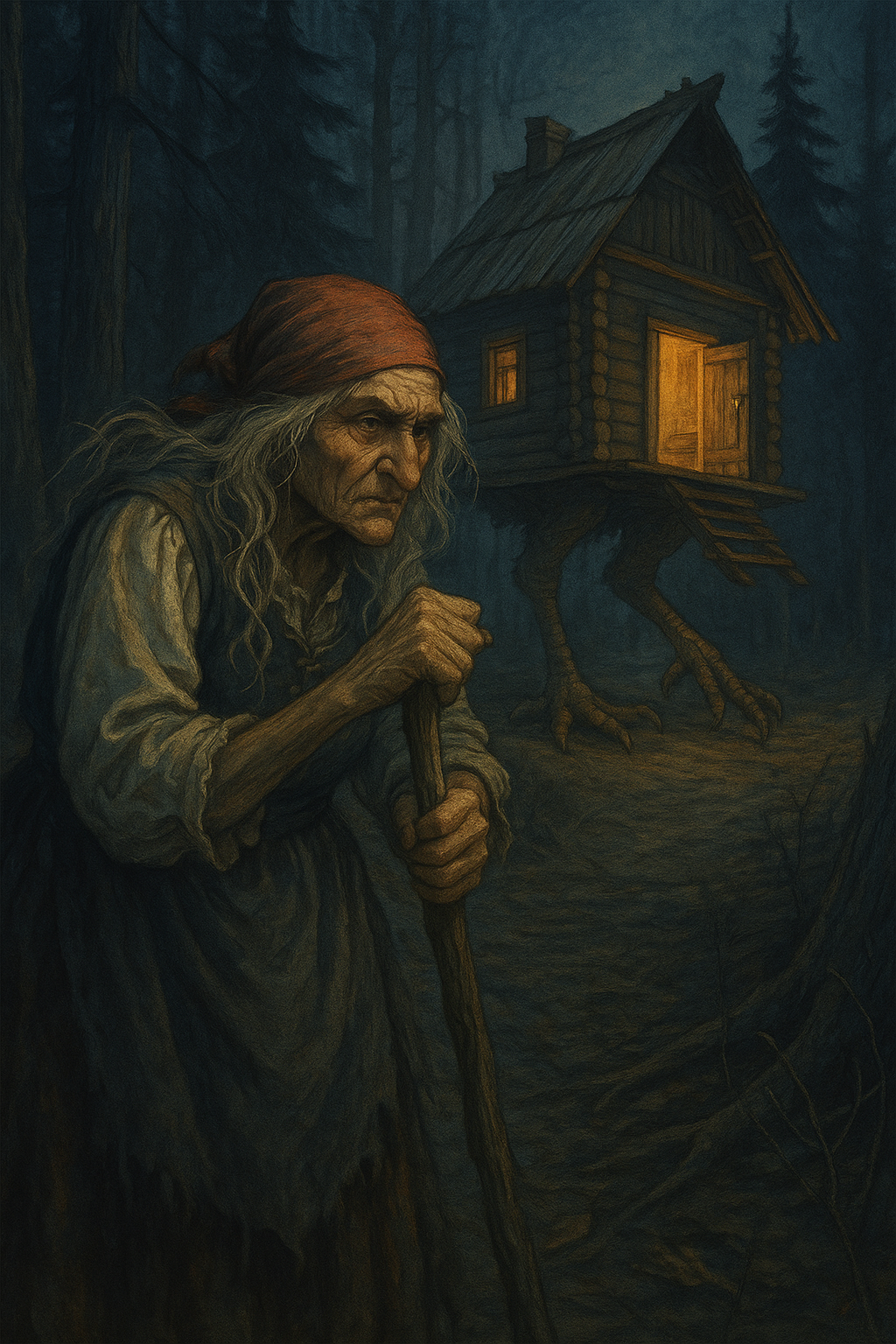Ilustración de Baba Yaga frente a su cabaña sobre patas de gallina, en un bosque nocturno y brumoso, con luz cálida que emana del interior.