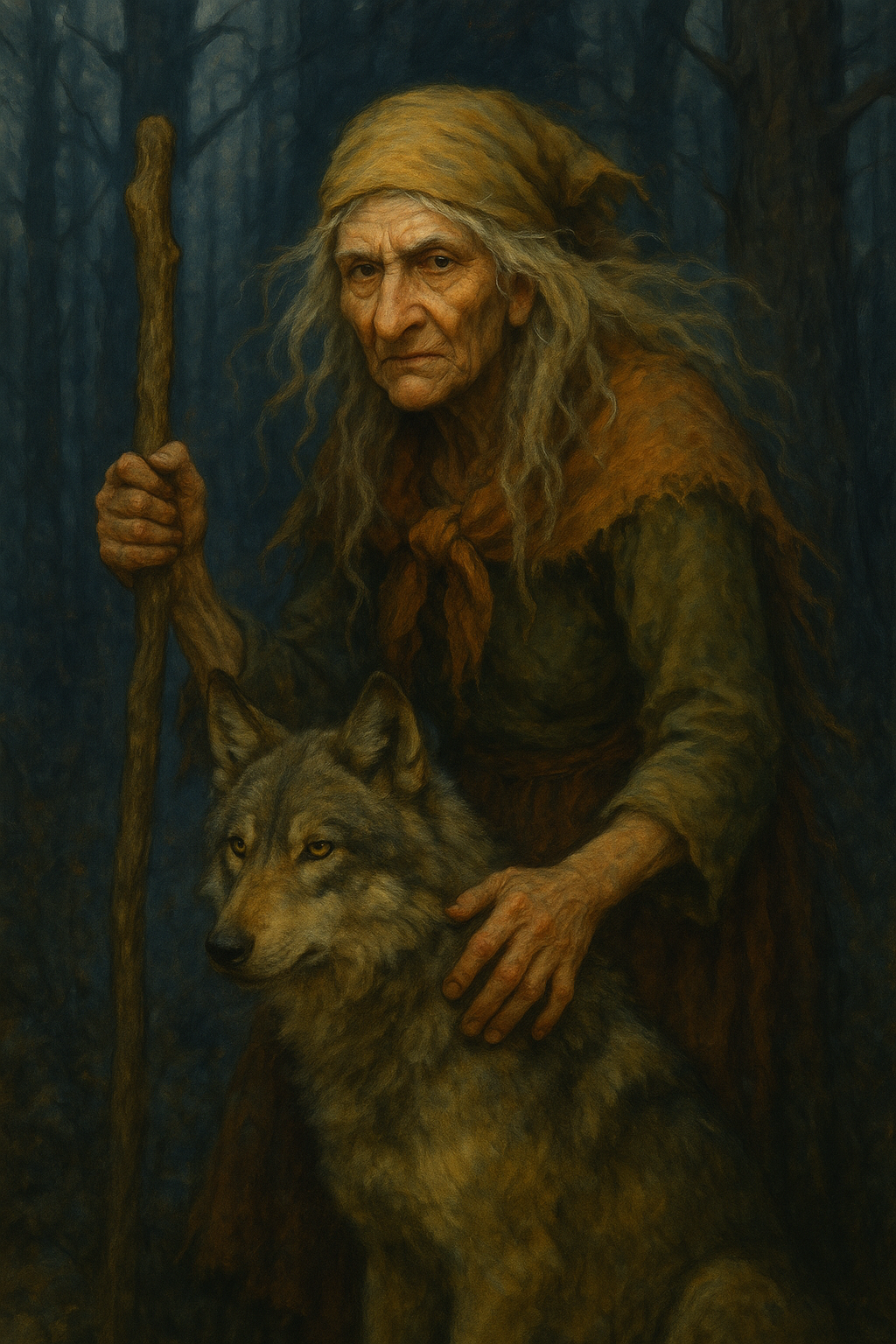 Ilustración de Baba Yaga acompañada de un lobo en un bosque sombrío, representando la intuición y la fuerza indómita de la naturaleza.