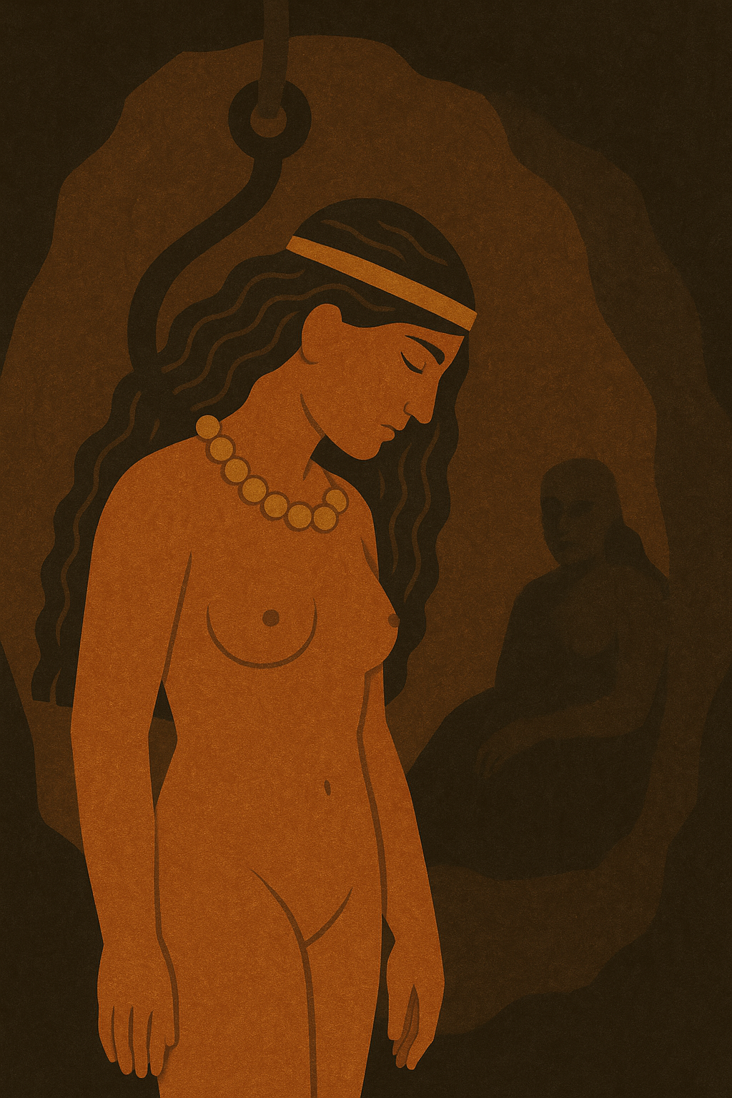 Ilustración simbólica de Inanna suspendida en un gancho dentro del inframundo, con Ereshkigal al fondo, en tonos oscuros y dorados que evocan el momento de la muerte simbólica y la rendición.