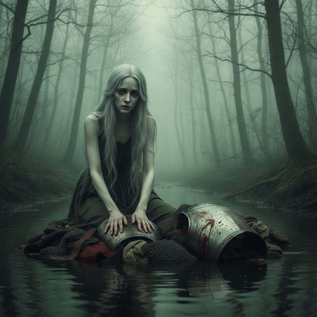 Una de las facetas más temidas de la Morrigan es la de profetisa de la muerte, lavando las ropas de aquellos que están destinados a caer en batalla, recordándonos la inevitabilidad del destino (fatum).