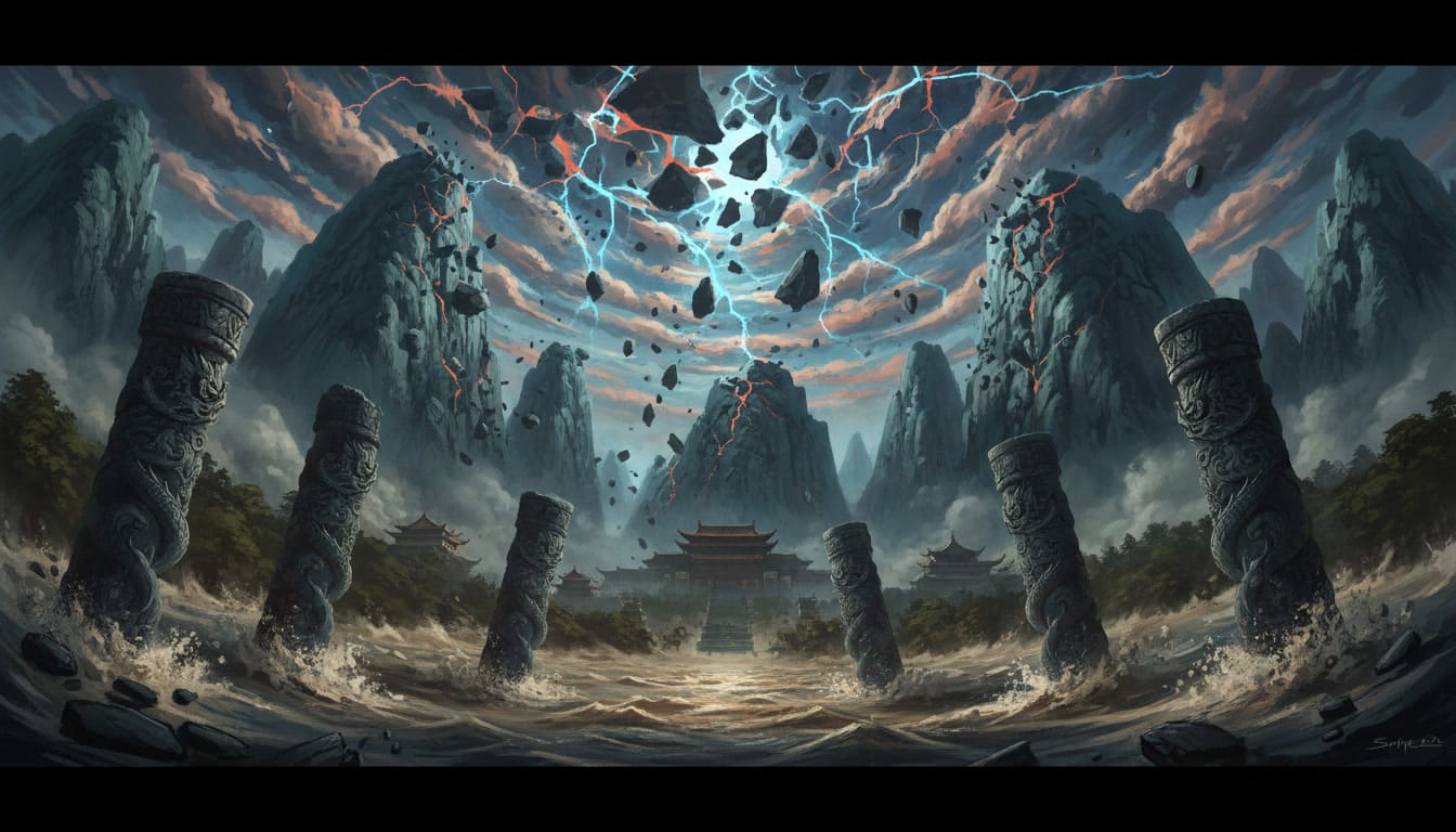 Paisaje mitológico chino mostrando montañas colapsando e inundaciones tras la rotura de los pilares del cielo.