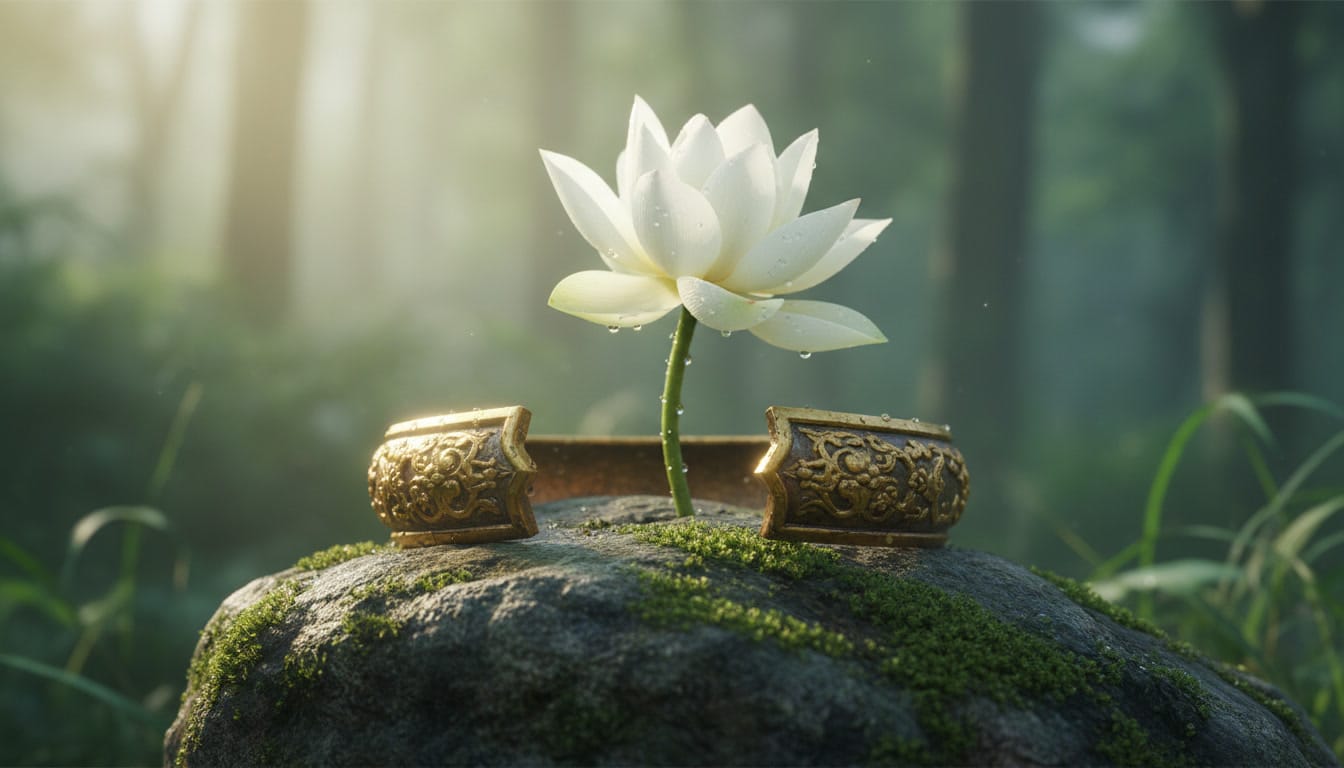 Una diadema dorada rota sobre una piedra con una flor de loto naciendo de ella.