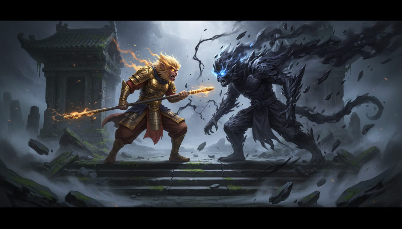 Sun Wukong luchando contra su copia oscura, el Macaco de Seis Orejas, en un entorno sombrío.