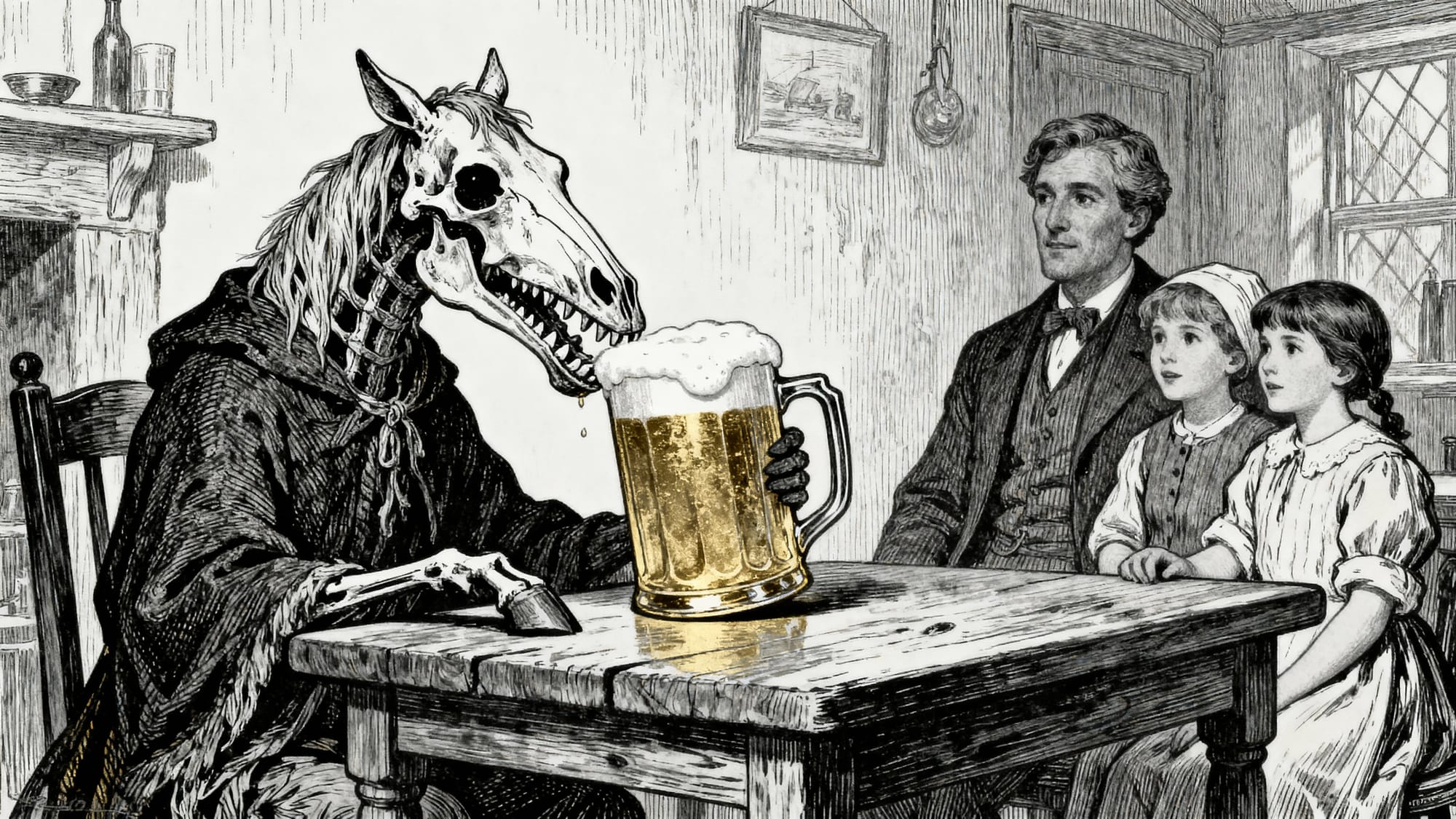 Grabado de una familia victoriana sentada a la mesa mientras una calavera de caballo (Mari Lwyd) bebe una jarra gigante de cerveza.