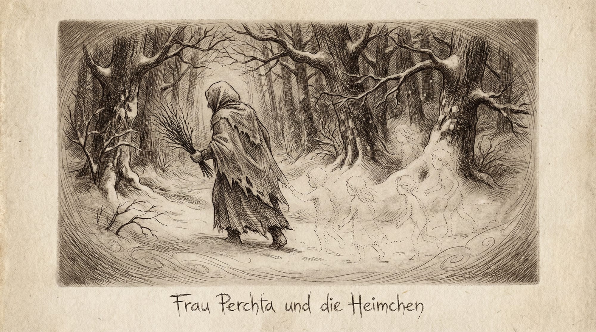 Grabado melancólico de una anciana caminando por un bosque nevado, seguida por siluetas fantasmales de niños translúcidos.