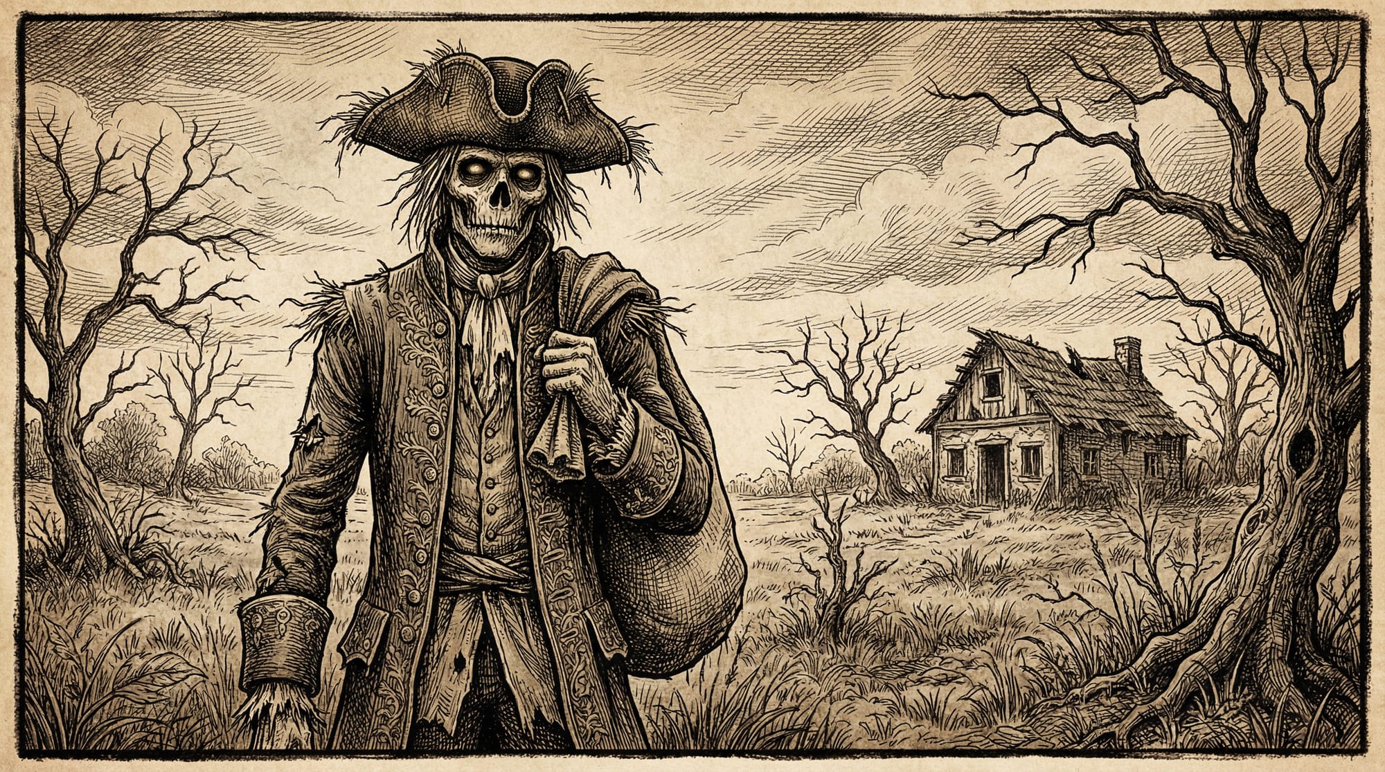 Ilustración gótica de un espantapájaros con rostro de calavera humana, vestido con ropas del siglo XVIII raídas y cargando un saco, en un paisaje desolado.