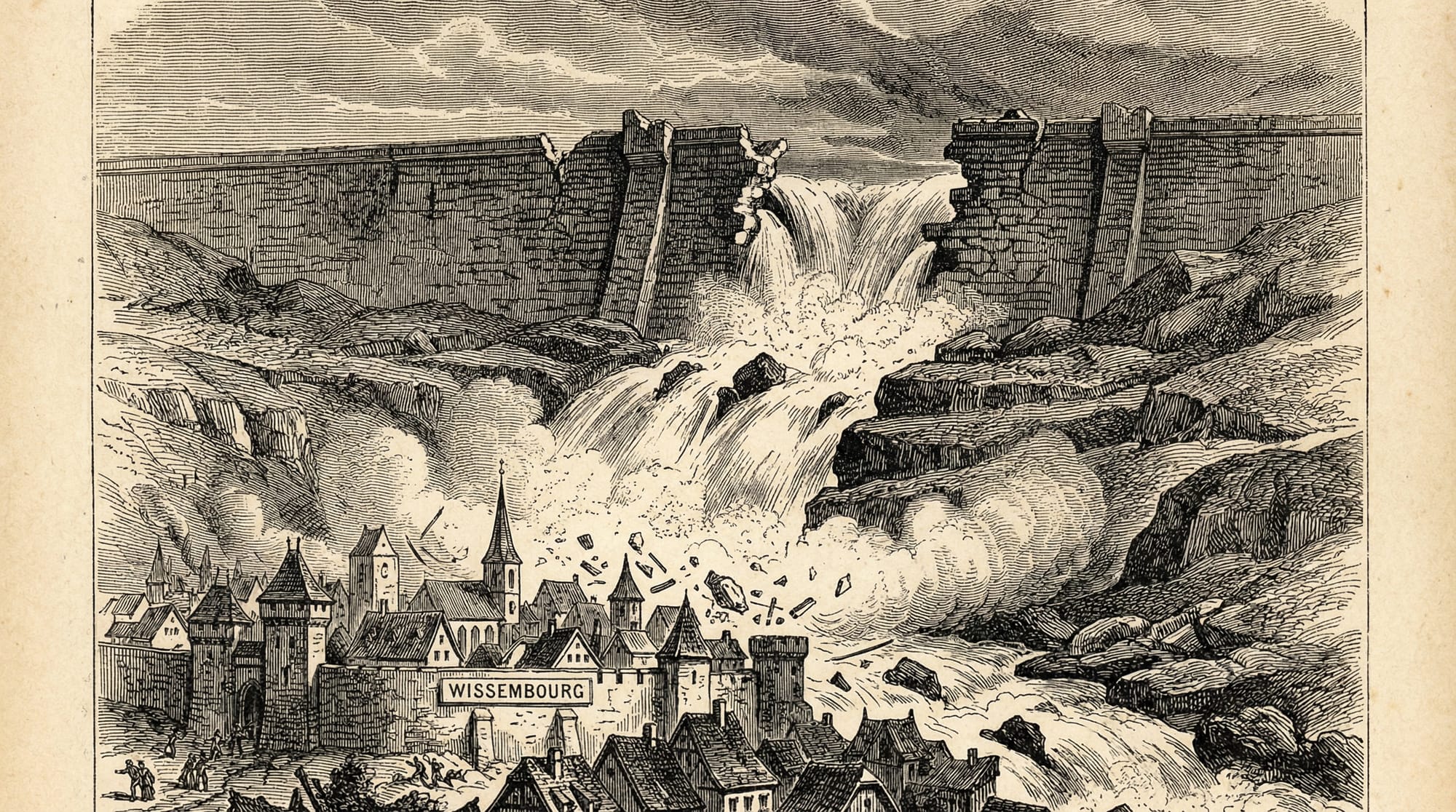 Grabado en blanco y negro que muestra una presa rompiéndose y el agua arrasando una ciudad medieval amurallada llamada Wissembourg.