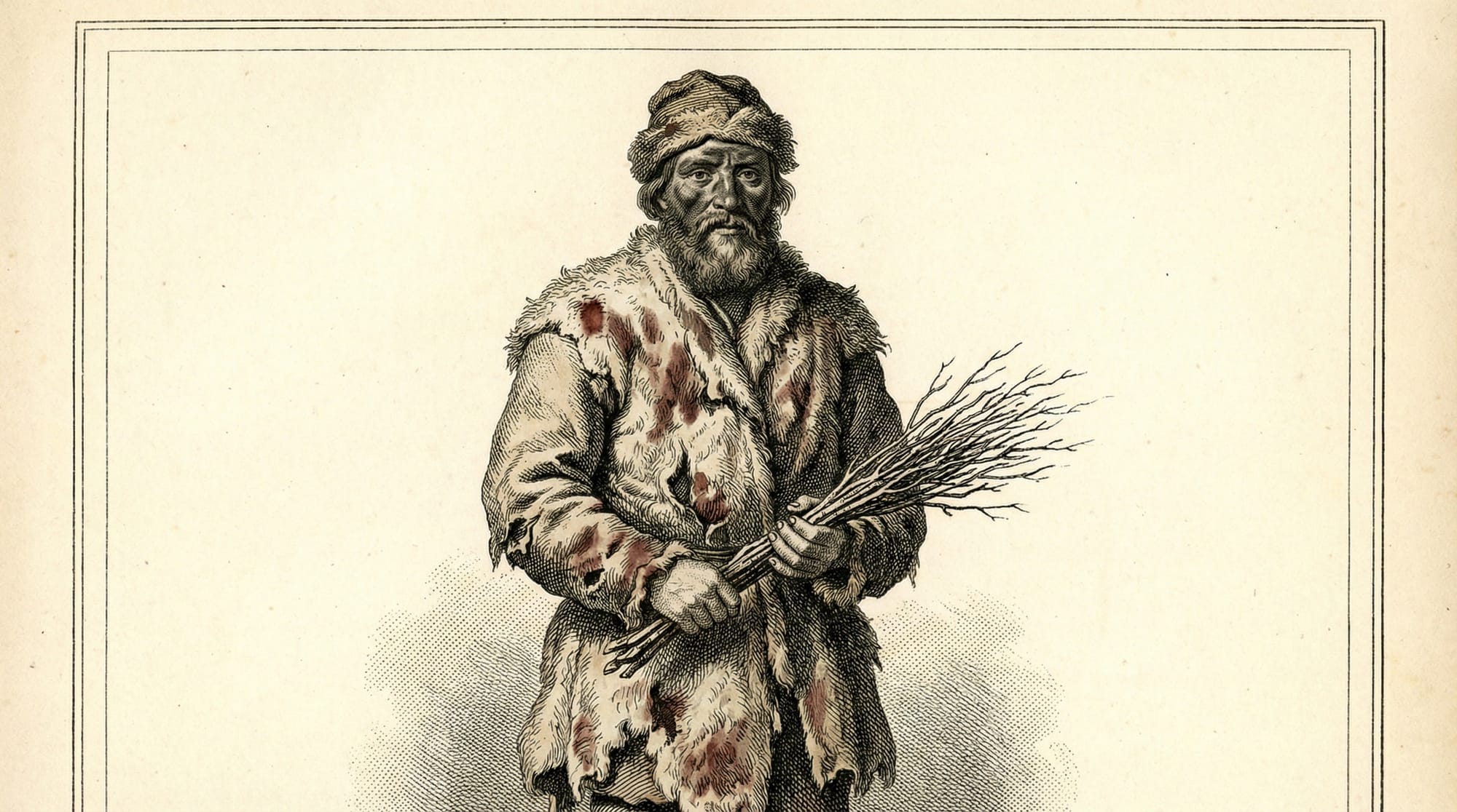 Ilustración antigua de Belsnickel, un hombre vestido con pieles sucias sosteniendo un manojo de varas de avellano para castigar.