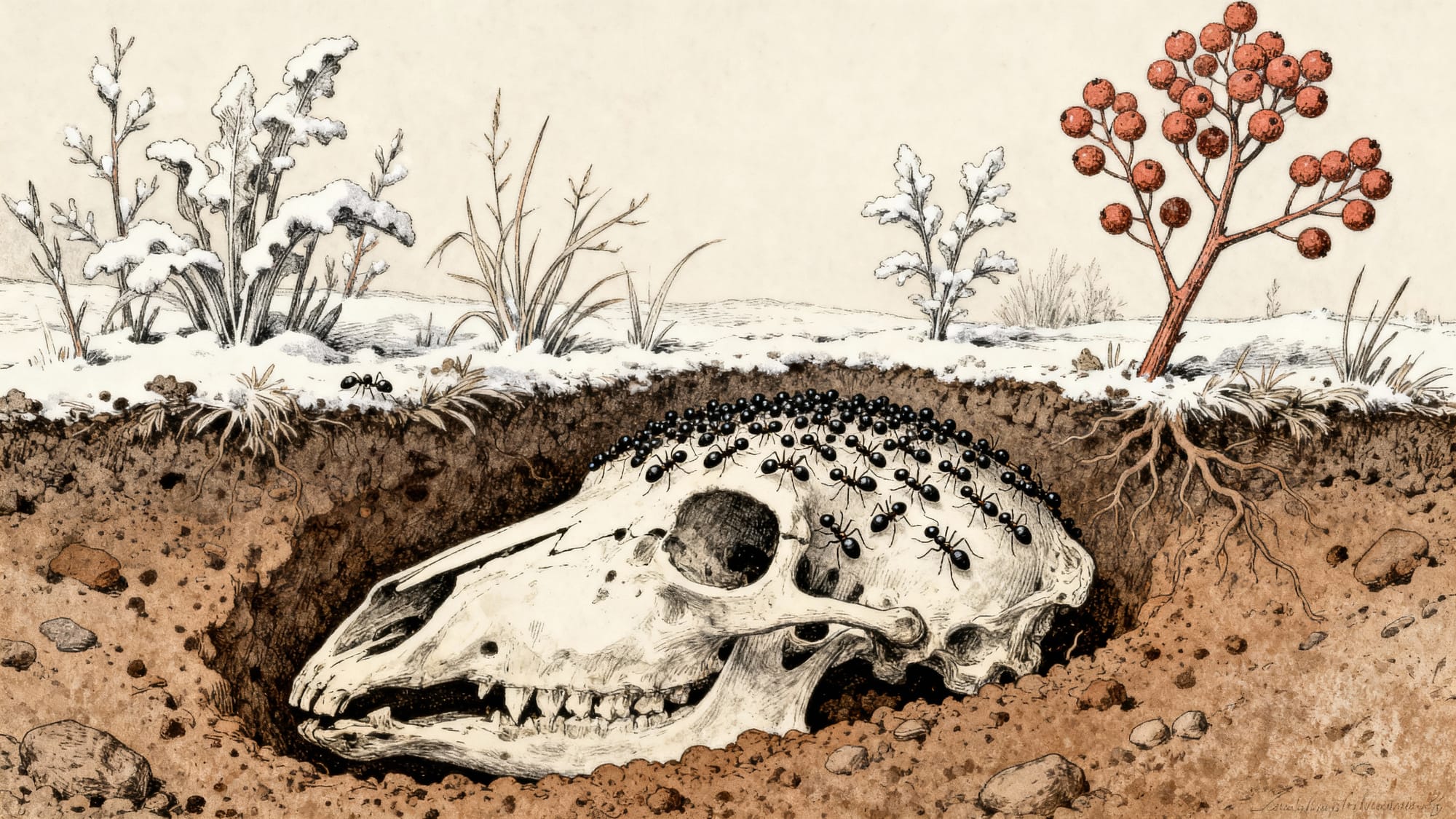 ibujo naturalista de una calavera de caballo enterrada en la tierra siendo limpiada por hormigas, con vegetación invernal alrededor.