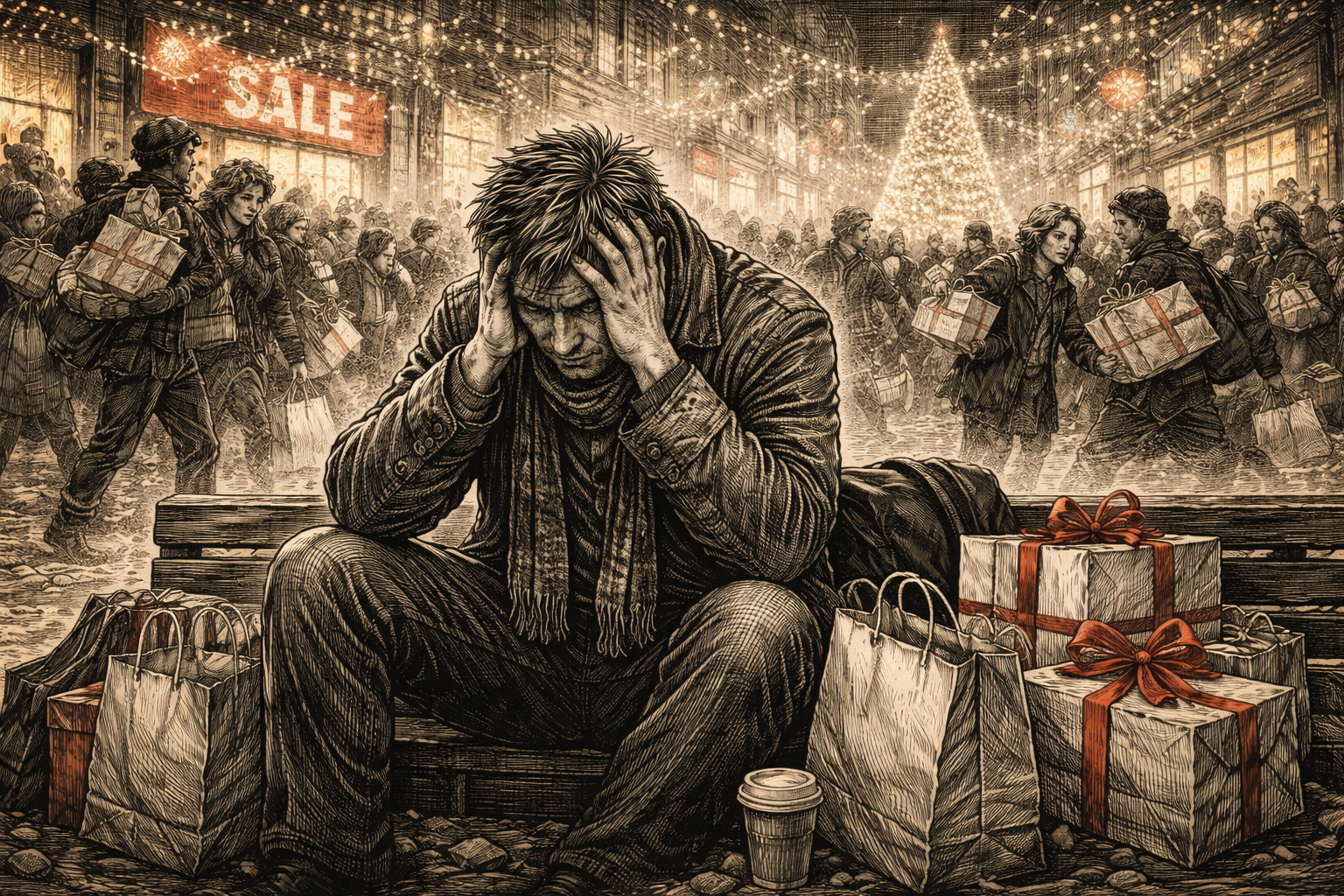 Ilustración estilo grabado de un hombre estresado rodeado de compras navideñas y caos urbano moderno.