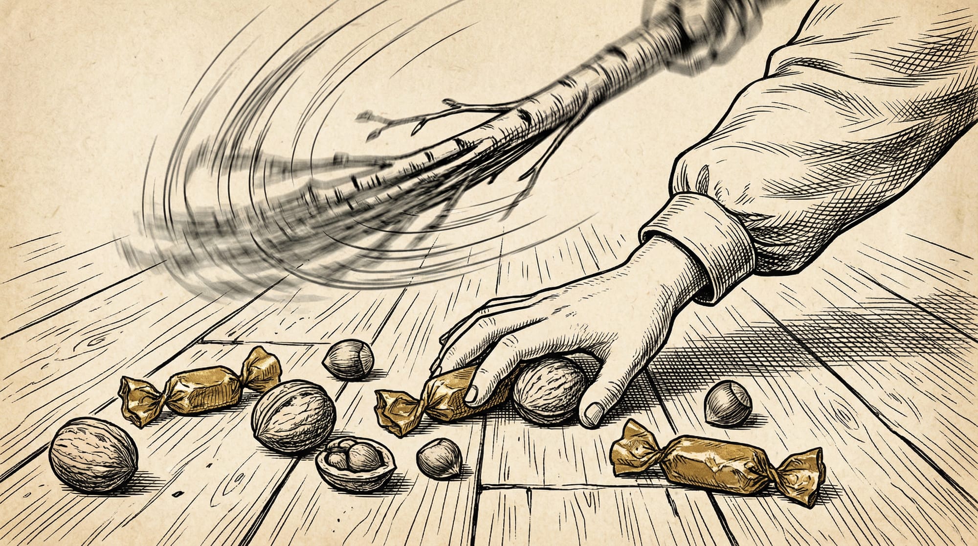 Grabado que muestra una mano intentando recoger nueces y dulces del suelo mientras una vara de madera golpea desde arriba.