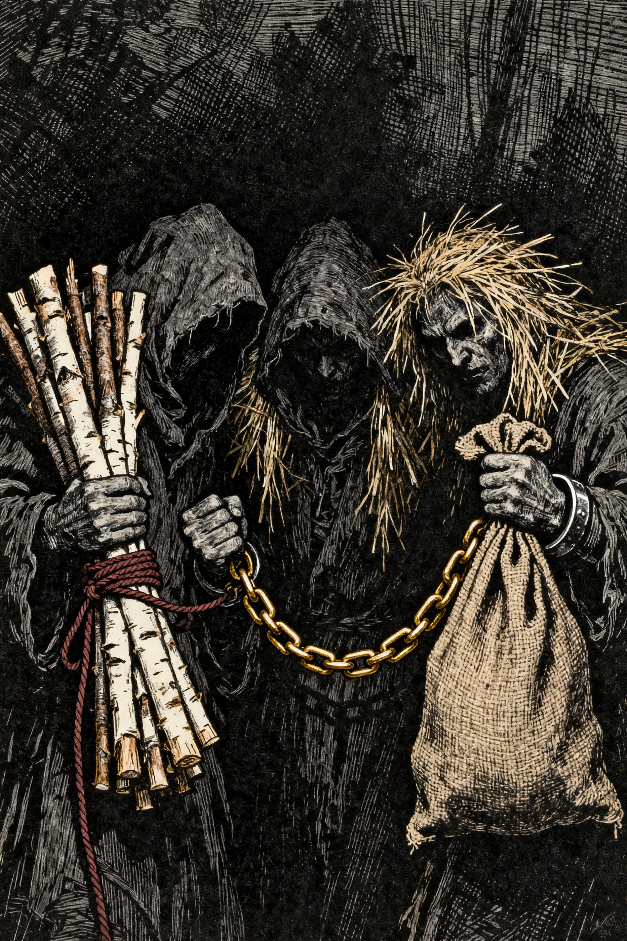 Ilustración oscura de tres figuras encapuchadas y siniestras sosteniendo varas de abedul y cadenas doradas, con un saco de arpillera.