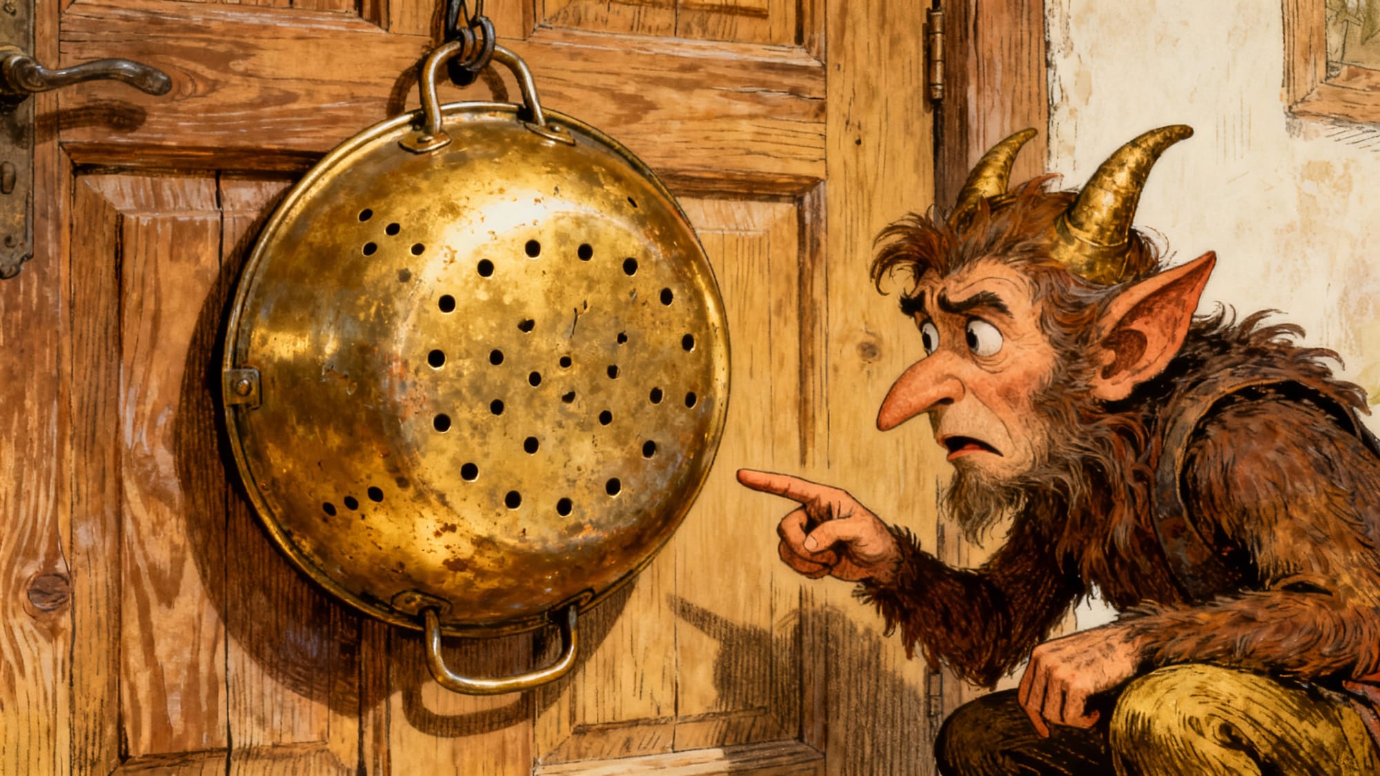 Demonio Kallikantzaros confundido mirando un colador de metal colgado en una puerta de madera.