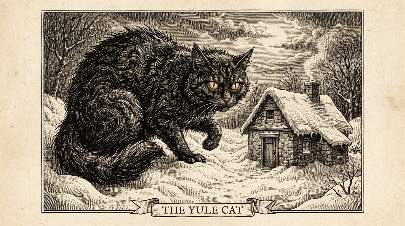 Grabado de un gato negro gigantesco acechando una casa de campo nevada en invierno. Estilo vintage.