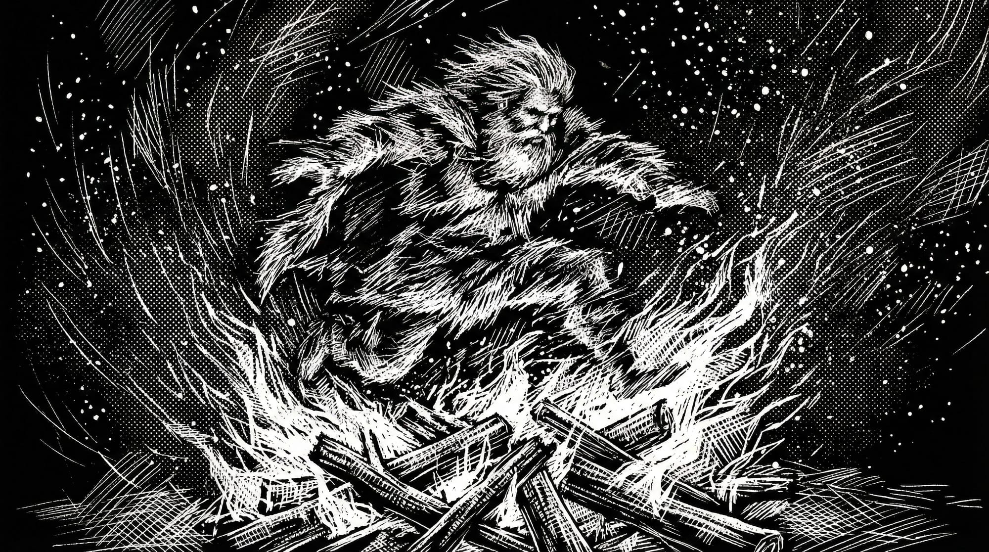 Ilustración dinámica en blanco y negro sobre fondo oscuro de una figura salvaje saltando sobre una hoguera, rodeada de chispas doradas.