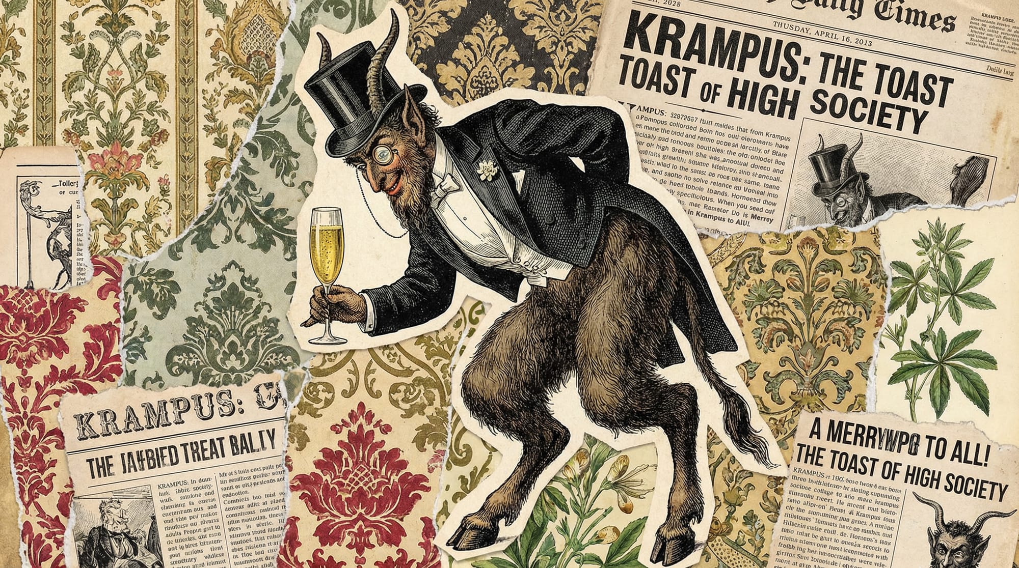 Collage estilo vintage satírico que muestra a un Krampus peludo vestido con esmoquin, sombrero de copa y monóculo, sosteniendo elegantemente una copa de champaña.