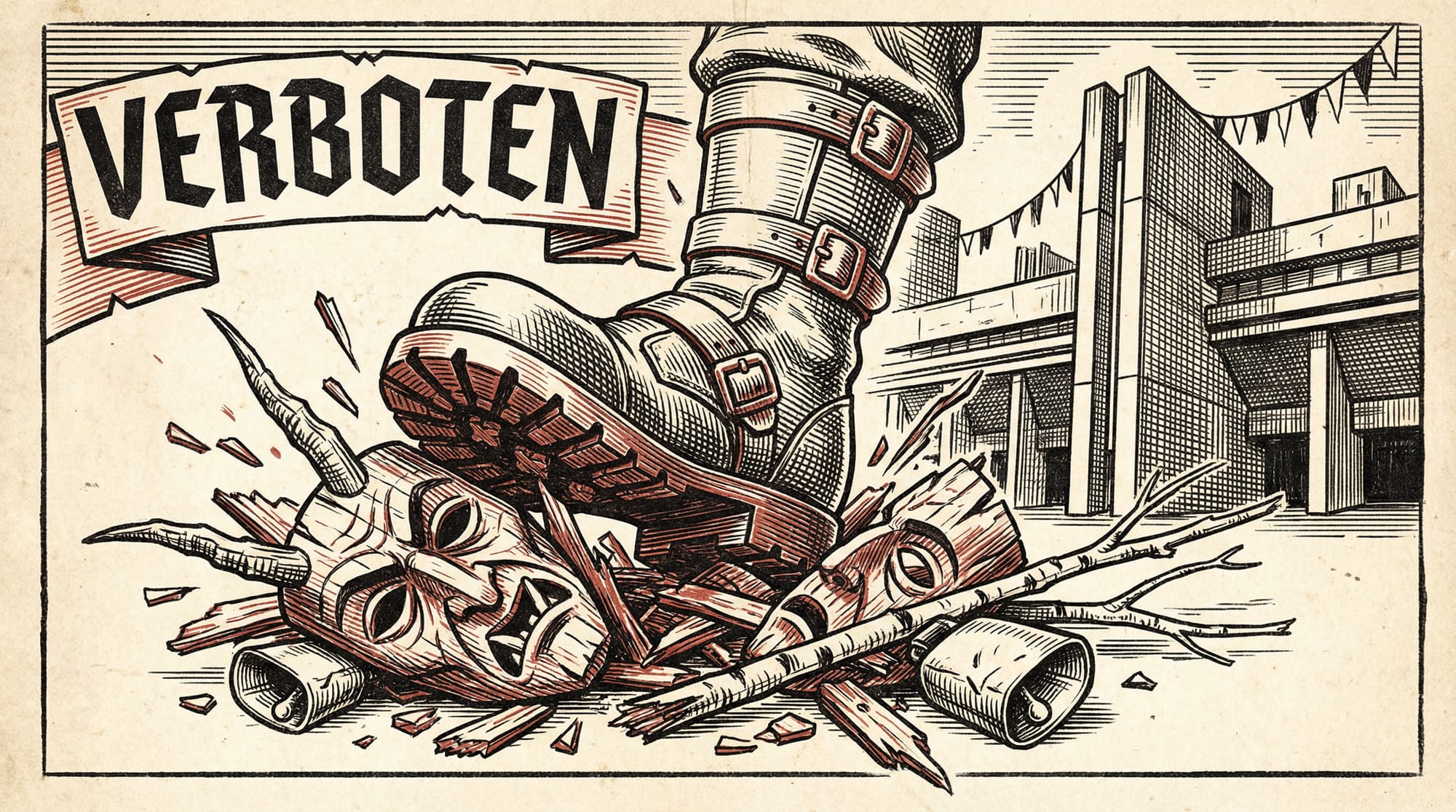 Ilustración estilo propaganda política de los años 30 en blanco y negro. Una bota militar gigante con la palabra "VERBOTEN" aplasta violentamente máscaras de madera de Krampus y ramas de abedul.