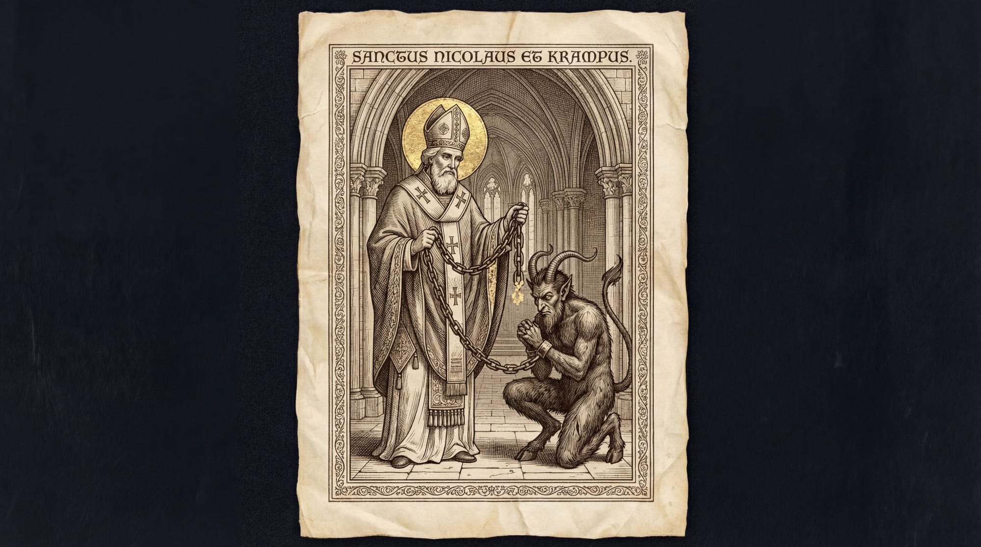 Ilustración estilo grabado medieval donde San Nicolás, vestido de obispo, sostiene con dignidad una cadena que ata a un Krampus arrodillado y sumiso en el interior de una iglesia gótica.