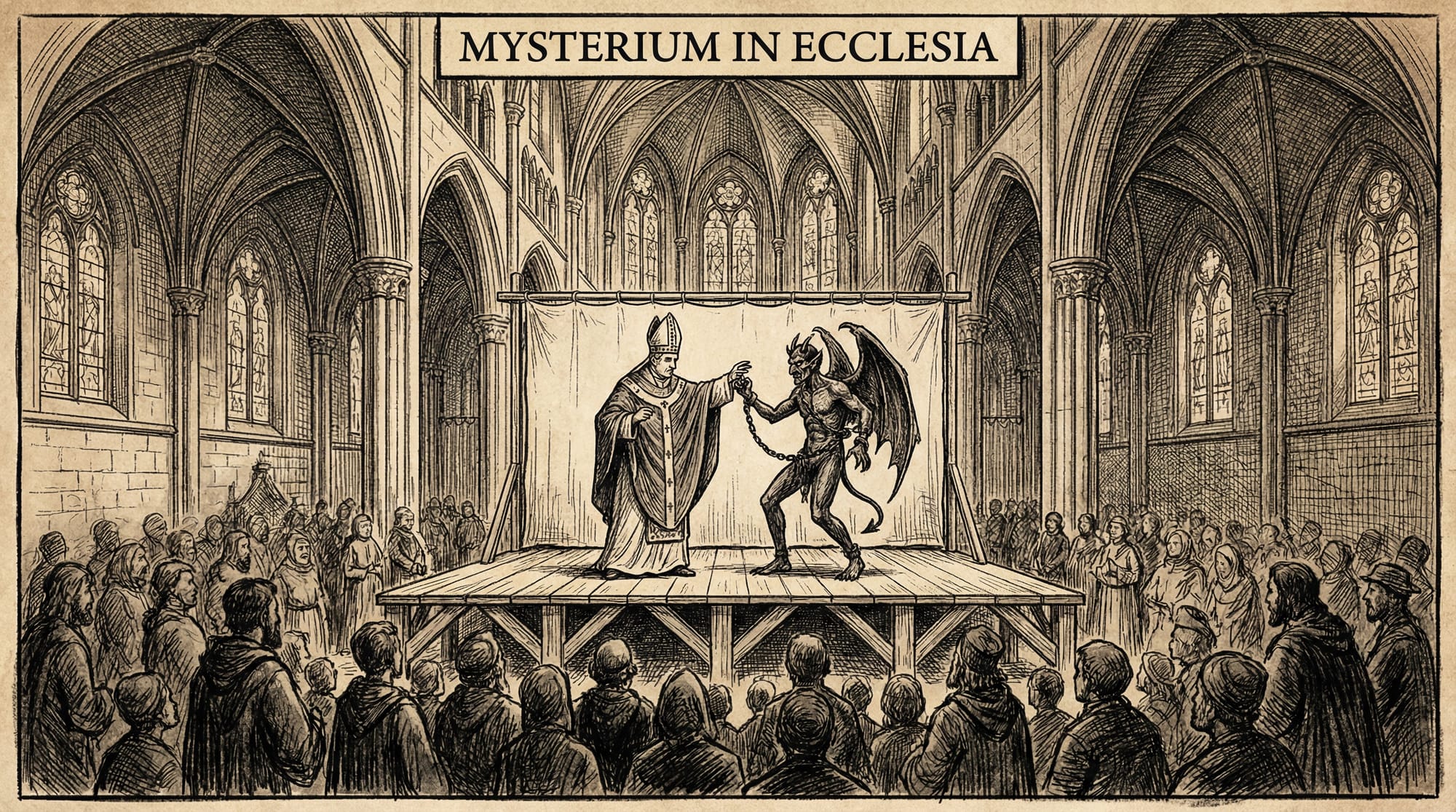 Grabado antiguo que muestra el interior de una iglesia medieval con un escenario de madera. Un actor vestido de obispo interactúa con otro vestido de demonio ante una audiencia de campesinos.