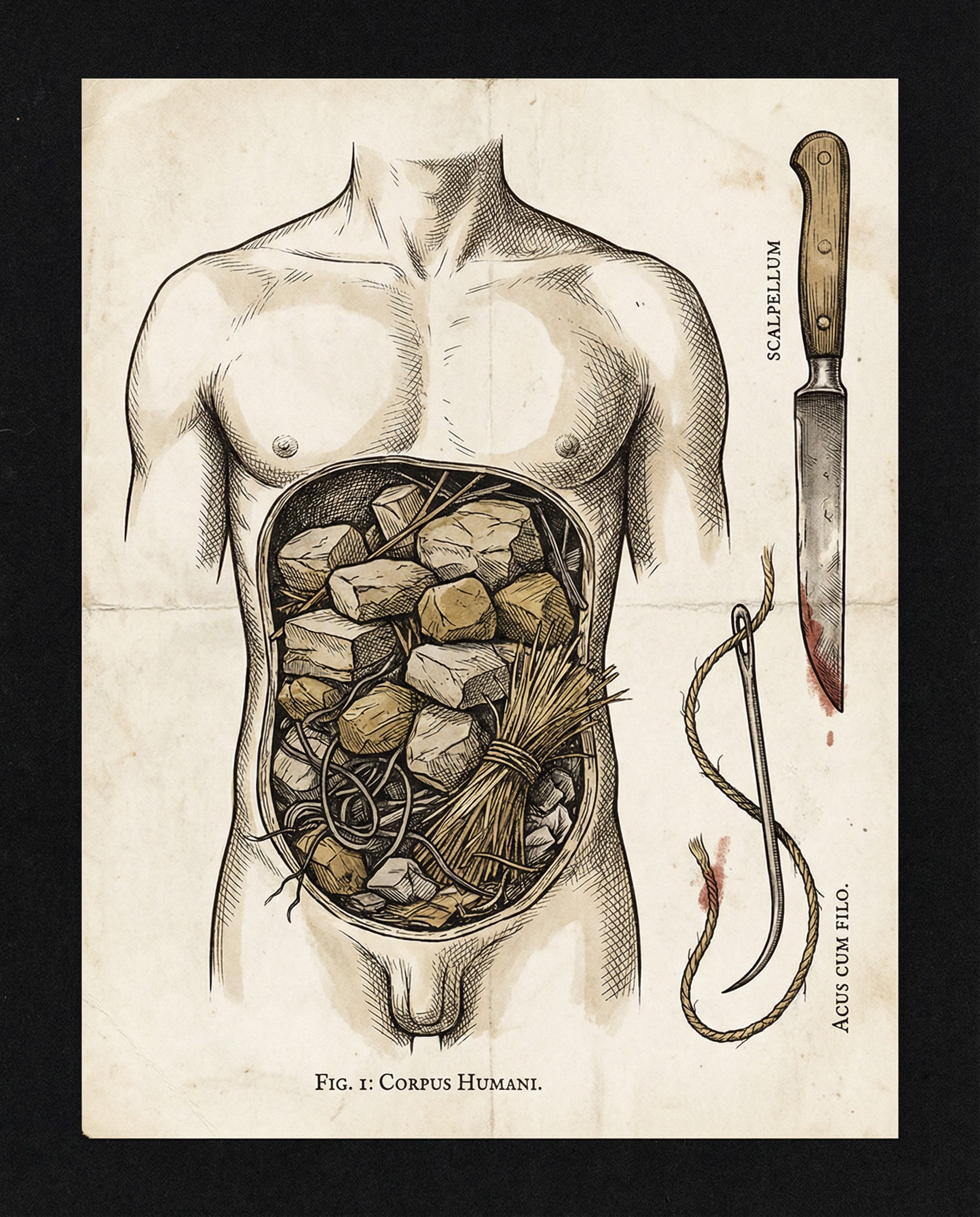 Ilustración de estilo grabado médico antiguo sobre fondo negro. Muestra un diagrama de un torso humano con la cavidad abdominal abierta de forma esquemática, estando rellena de dibujos de piedras y paja en lugar de órganos internos. Al lado, herramientas quirúrgicas antiguas como un cuchillo largo y una aguja de coser grande están dibujadas con tinta blanca y negra con acentos dorados y rojos.