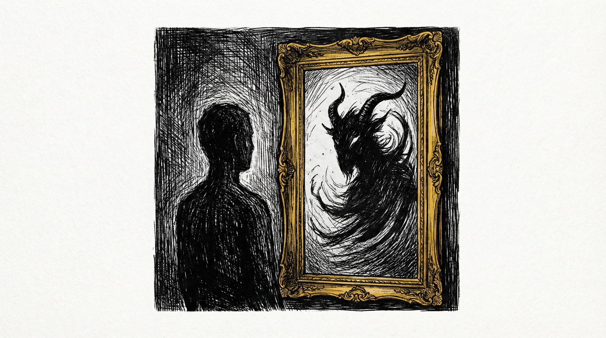 Grabado abstracto de una silueta humana oscura parada frente a un espejo dorado ornamentado. El reflejo muestra una figura bestial con cuernos en lugar del humano.